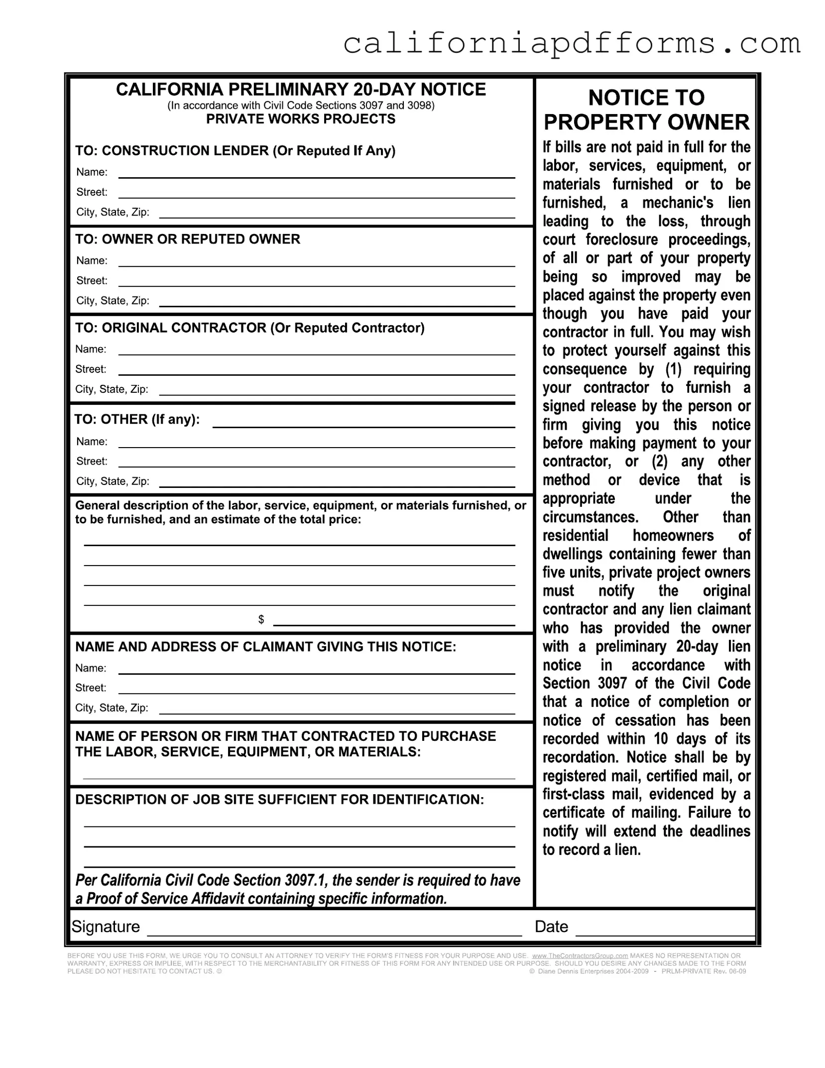 Download 20 Day Notice California Form