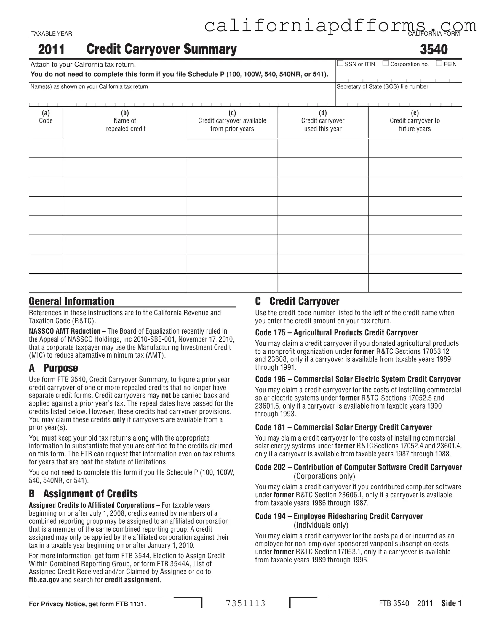 Download California 3540 Form