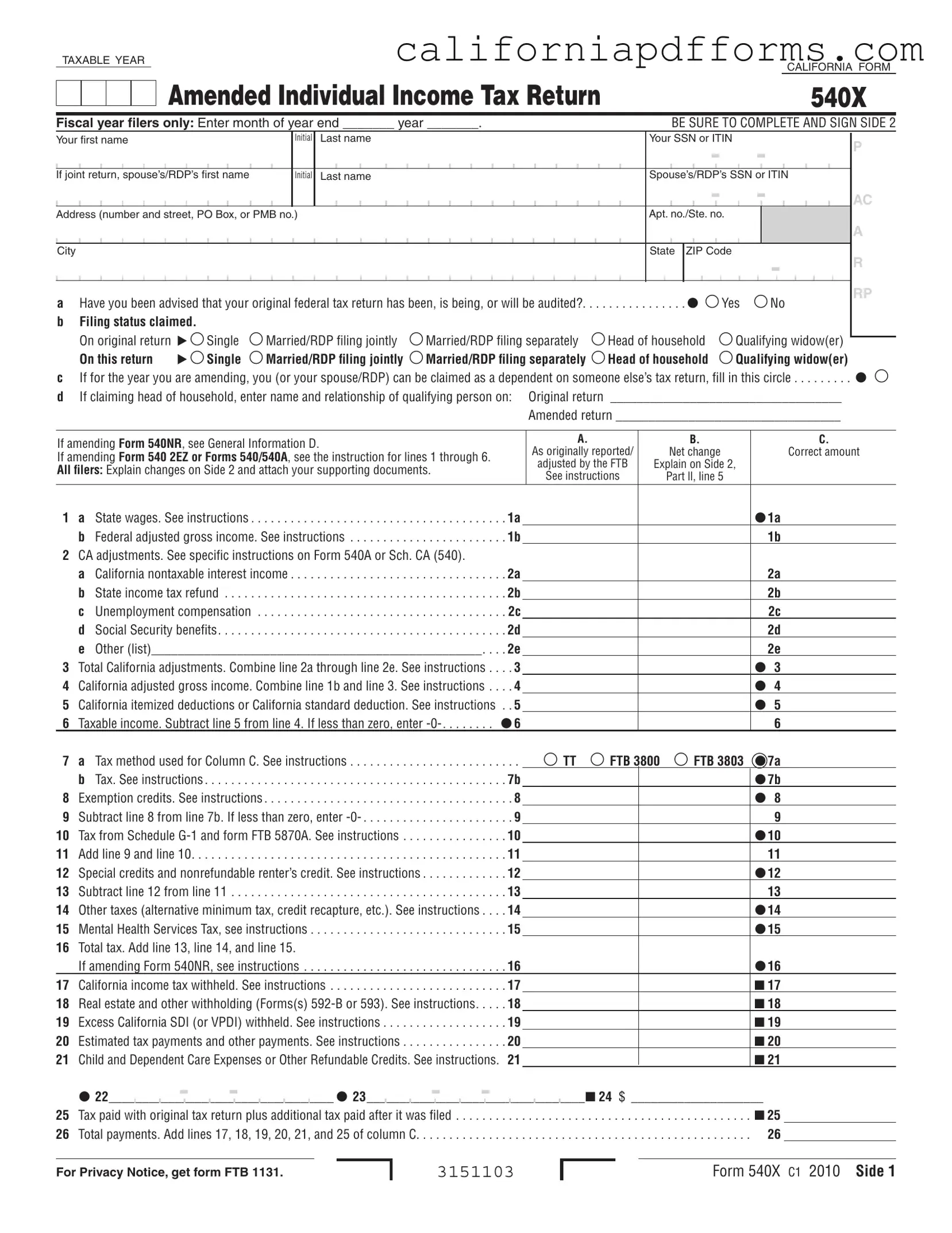 Download California 540X Form