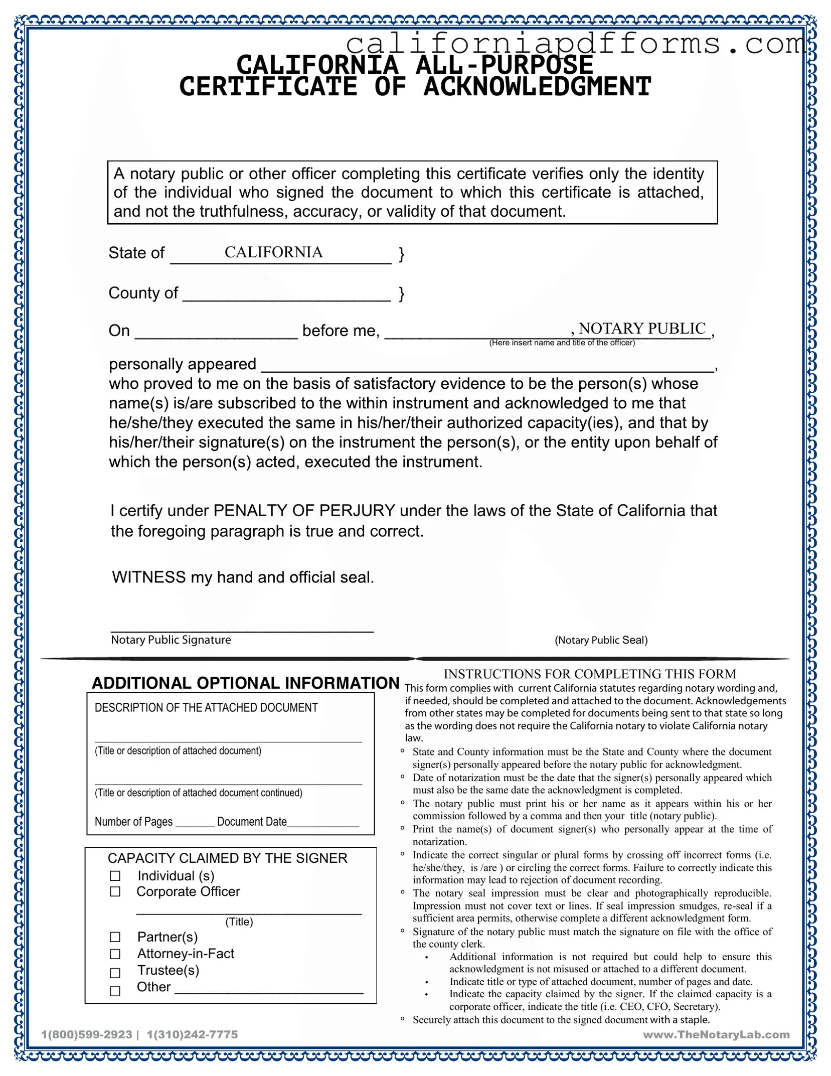 Download California Acknowledgement Certificate Form