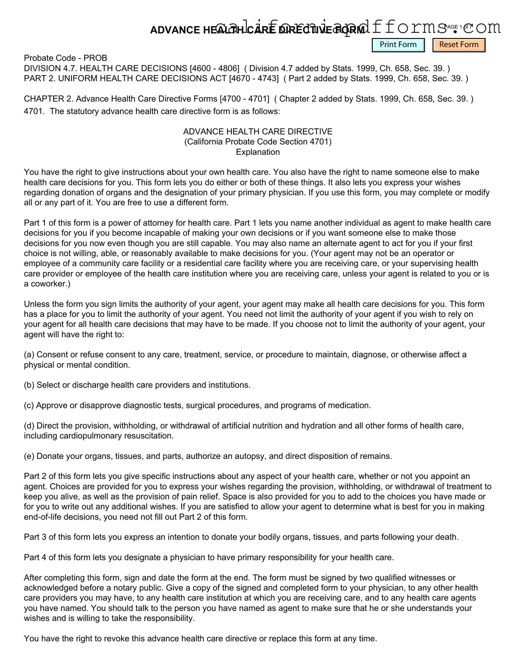 Download California Advanced Health Care Directive Form