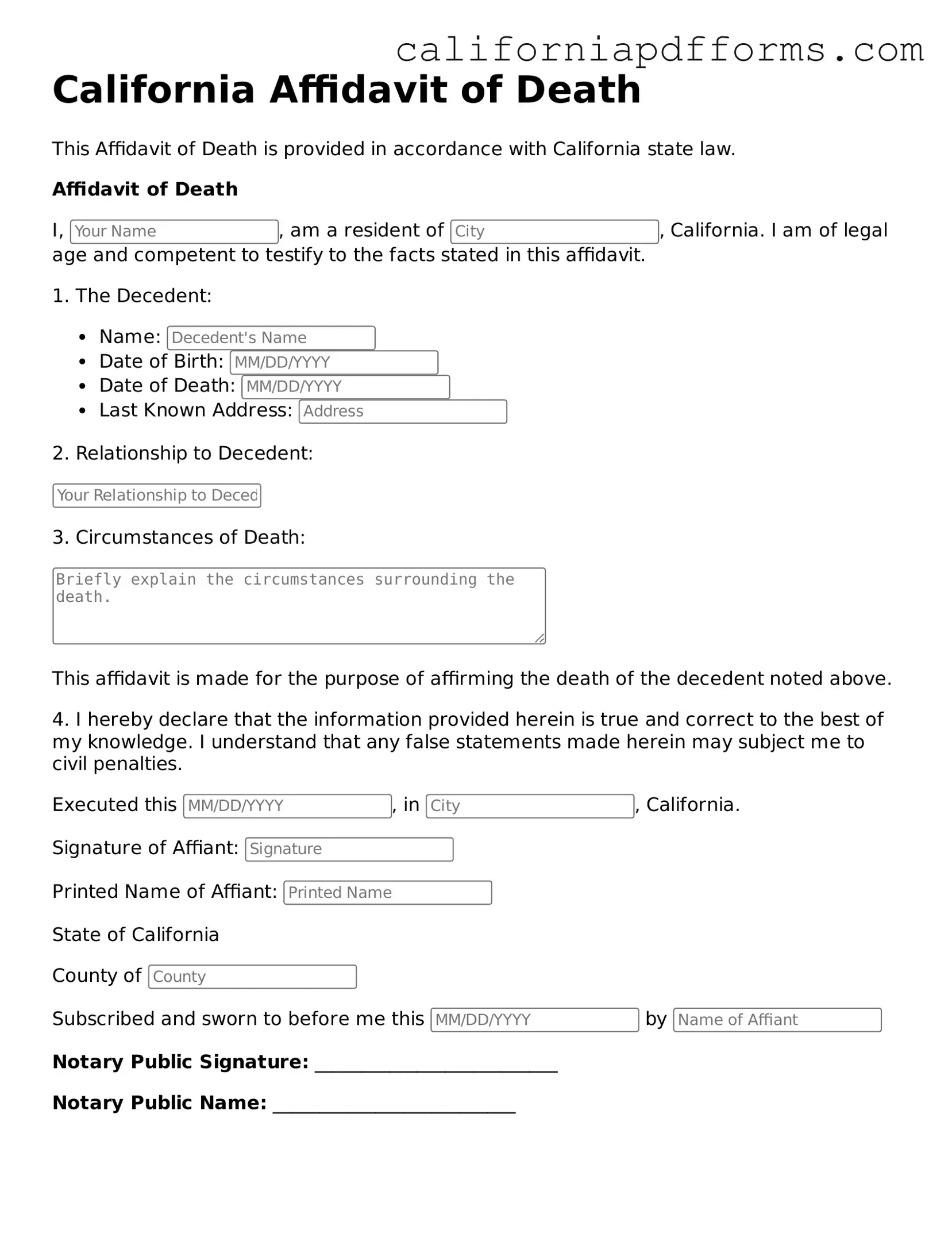 Official Affidavit of Death Template for the State of California