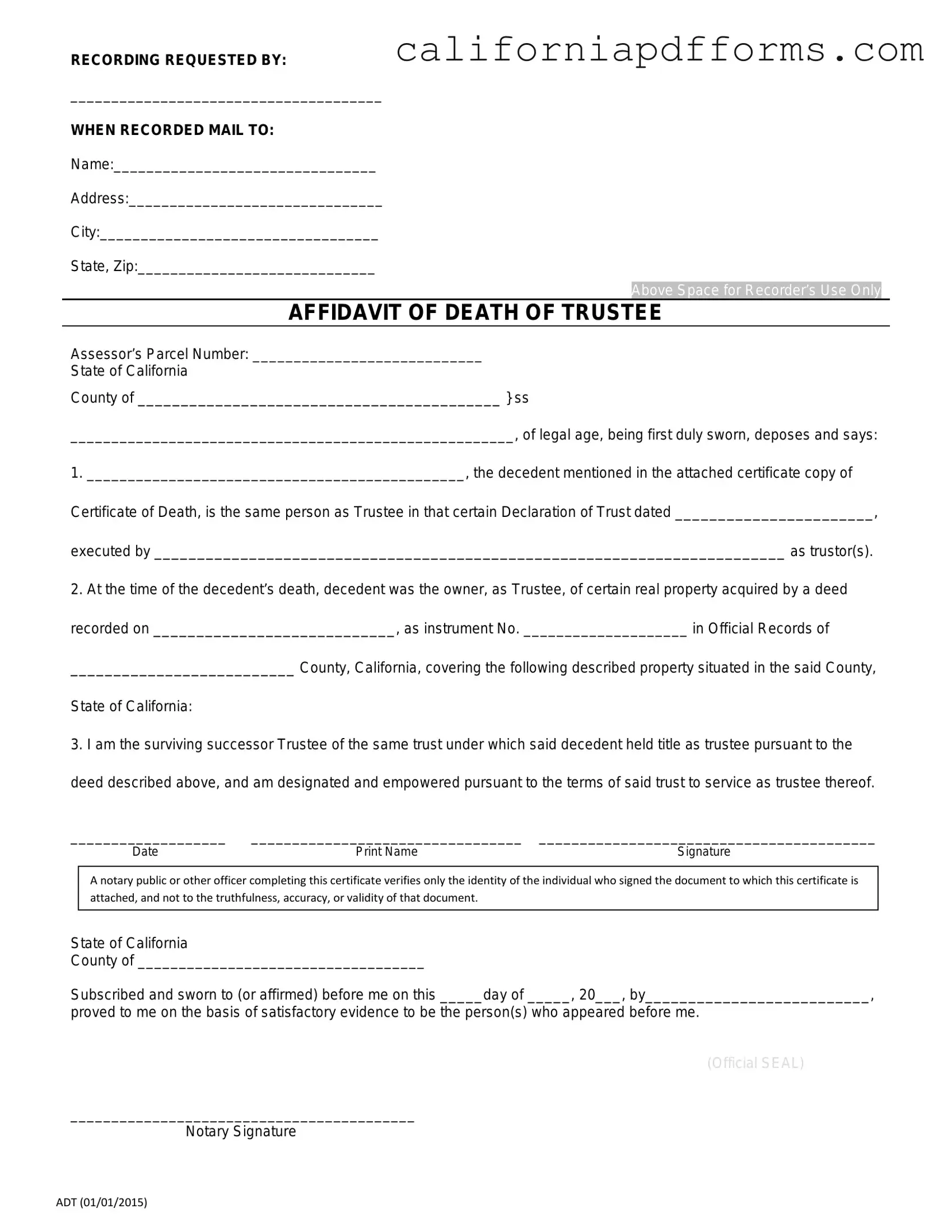 Download California Affidavit of Death of a Trustee Form