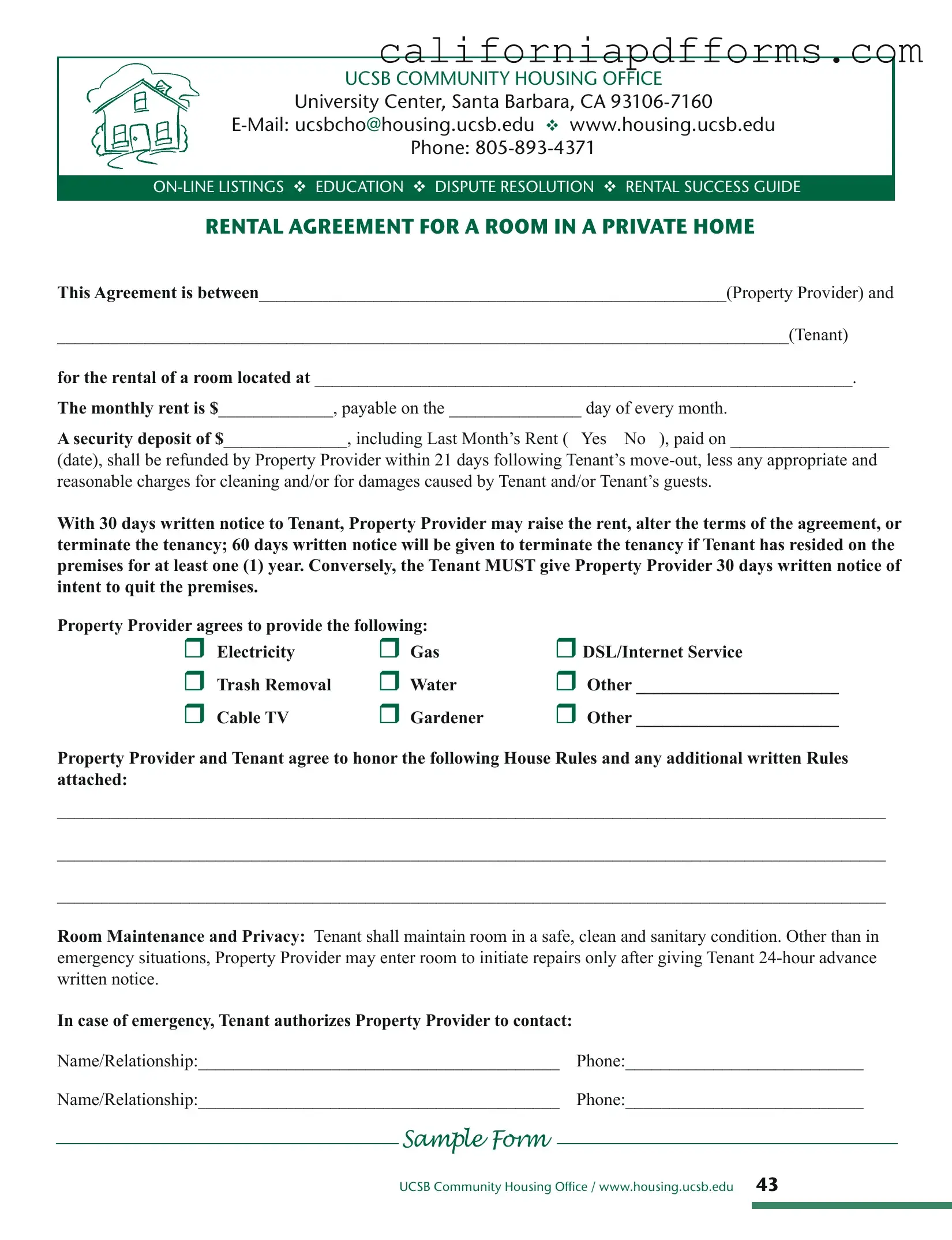 Download California Agreement Room Form