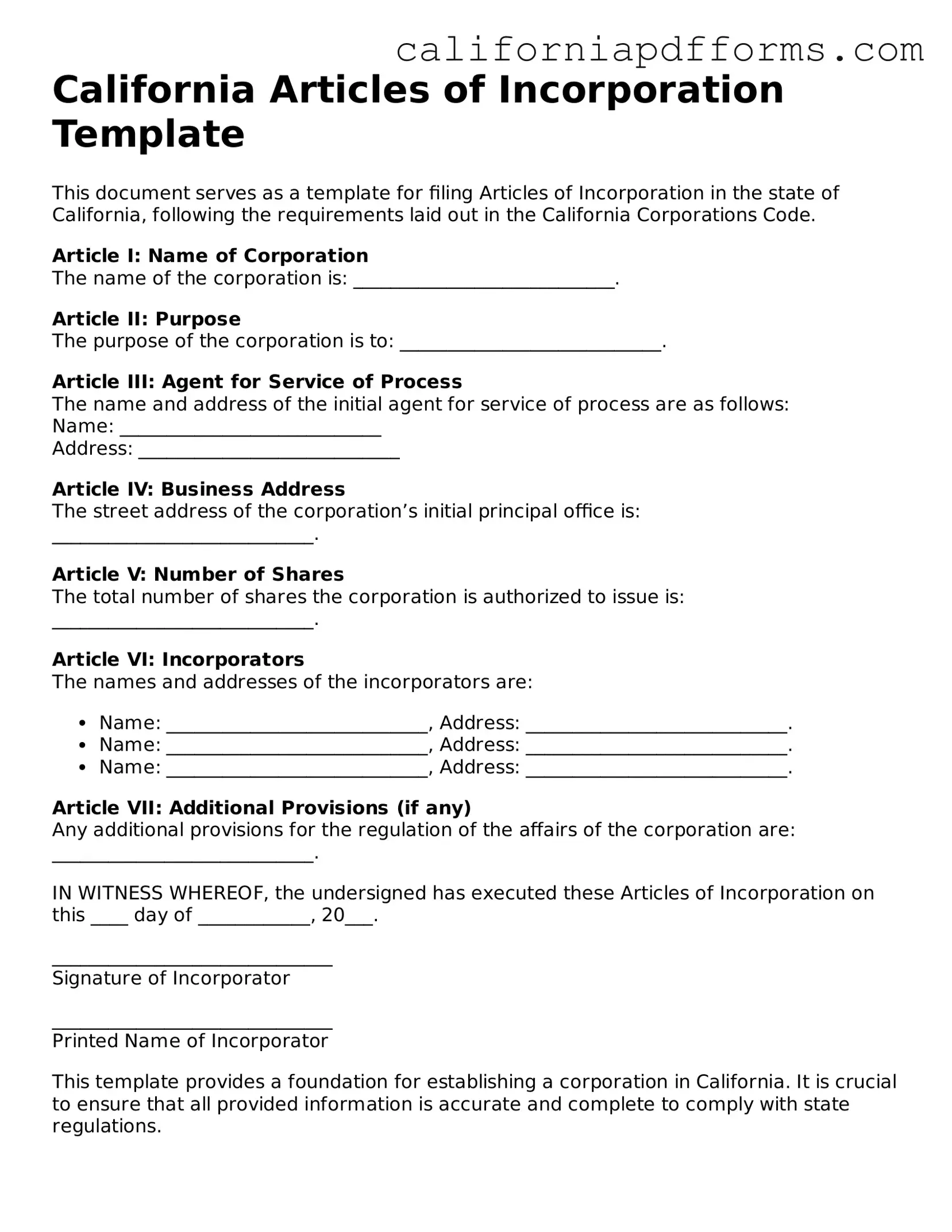 Official Articles of Incorporation Template for the State of California