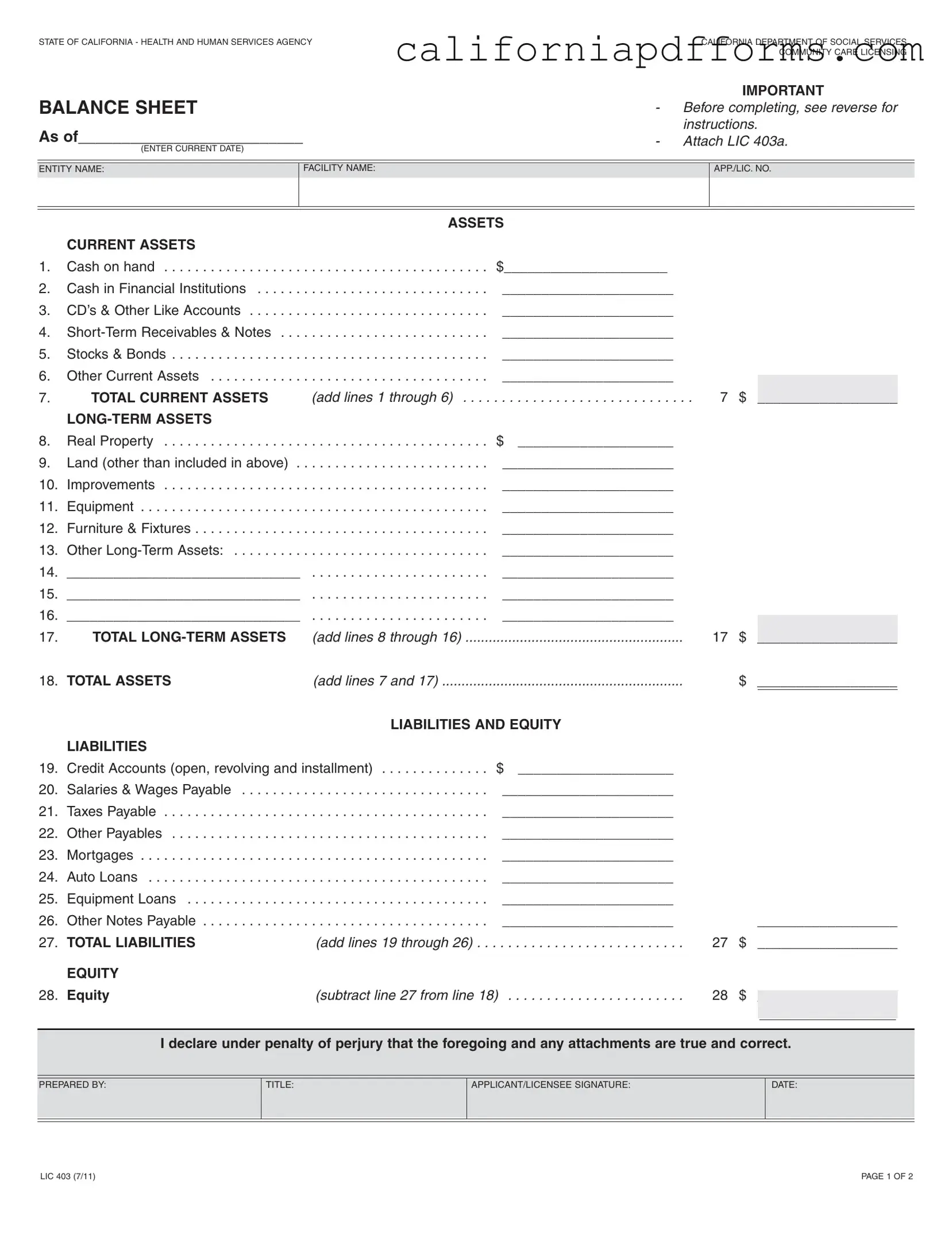 Download California Balance Sheet Form