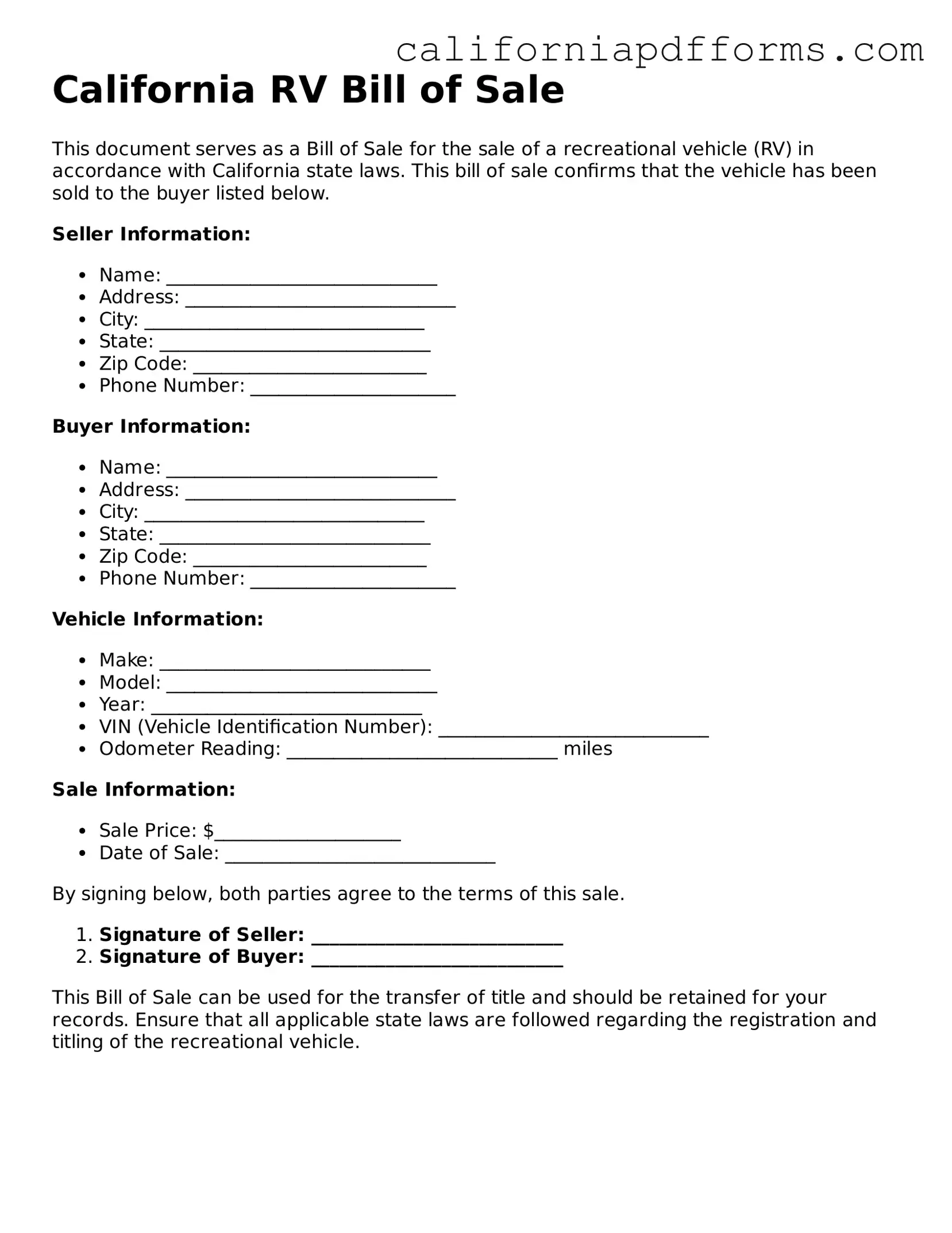 Official RV Bill of Sale Template for the State of California