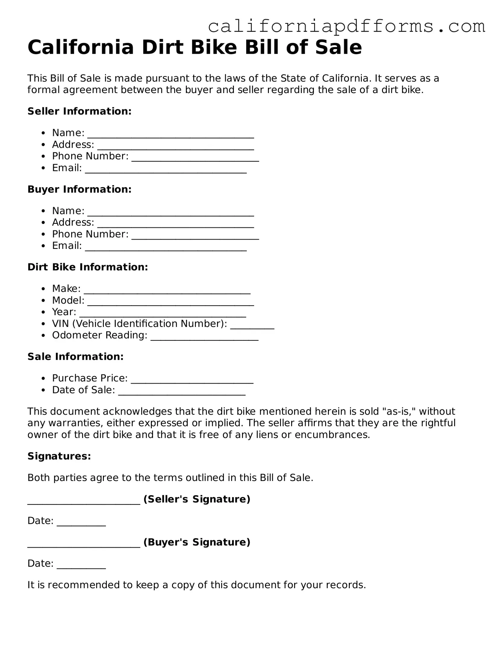 Official Dirt Bike Bill of Sale Template for the State of California