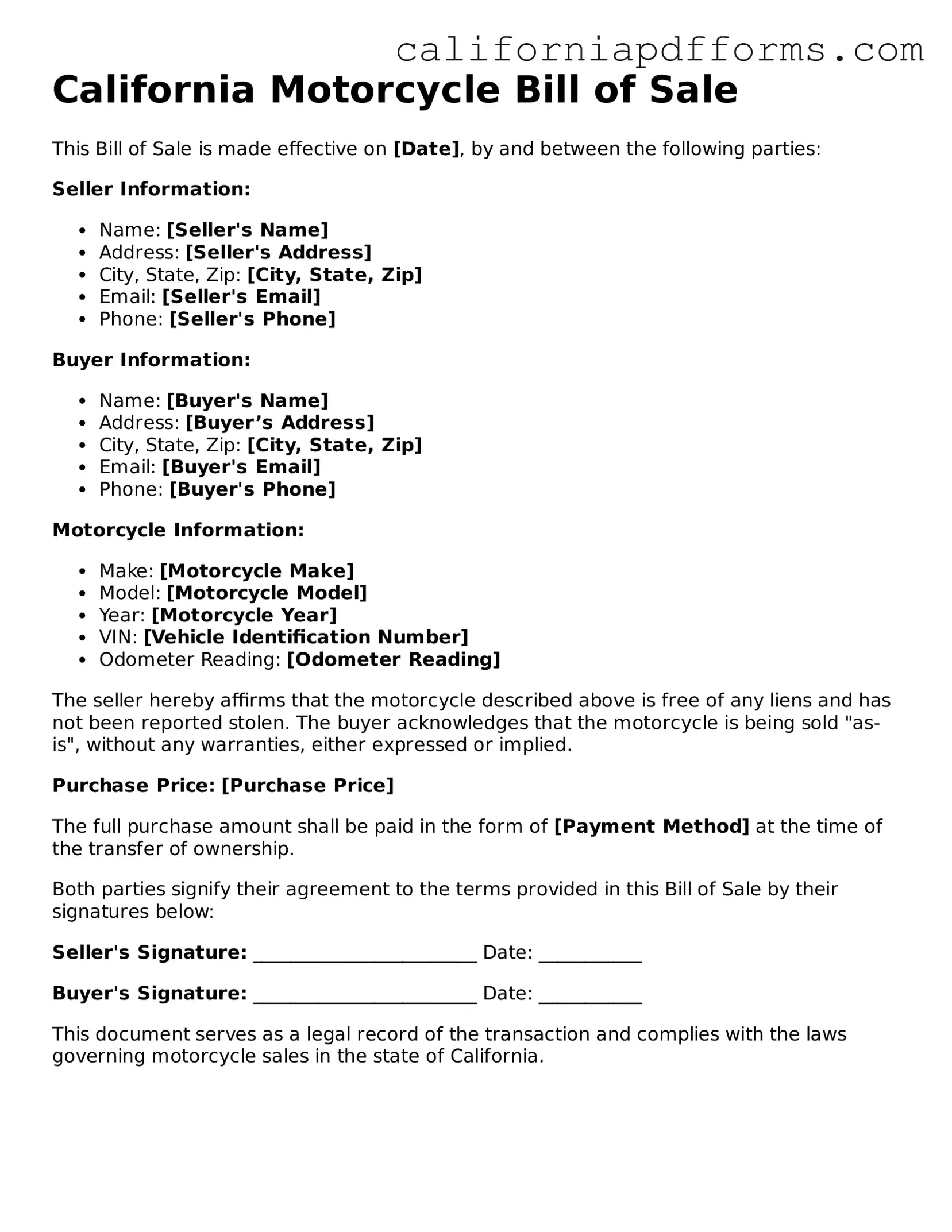 Official Motorcycle Bill of Sale Template for the State of California
