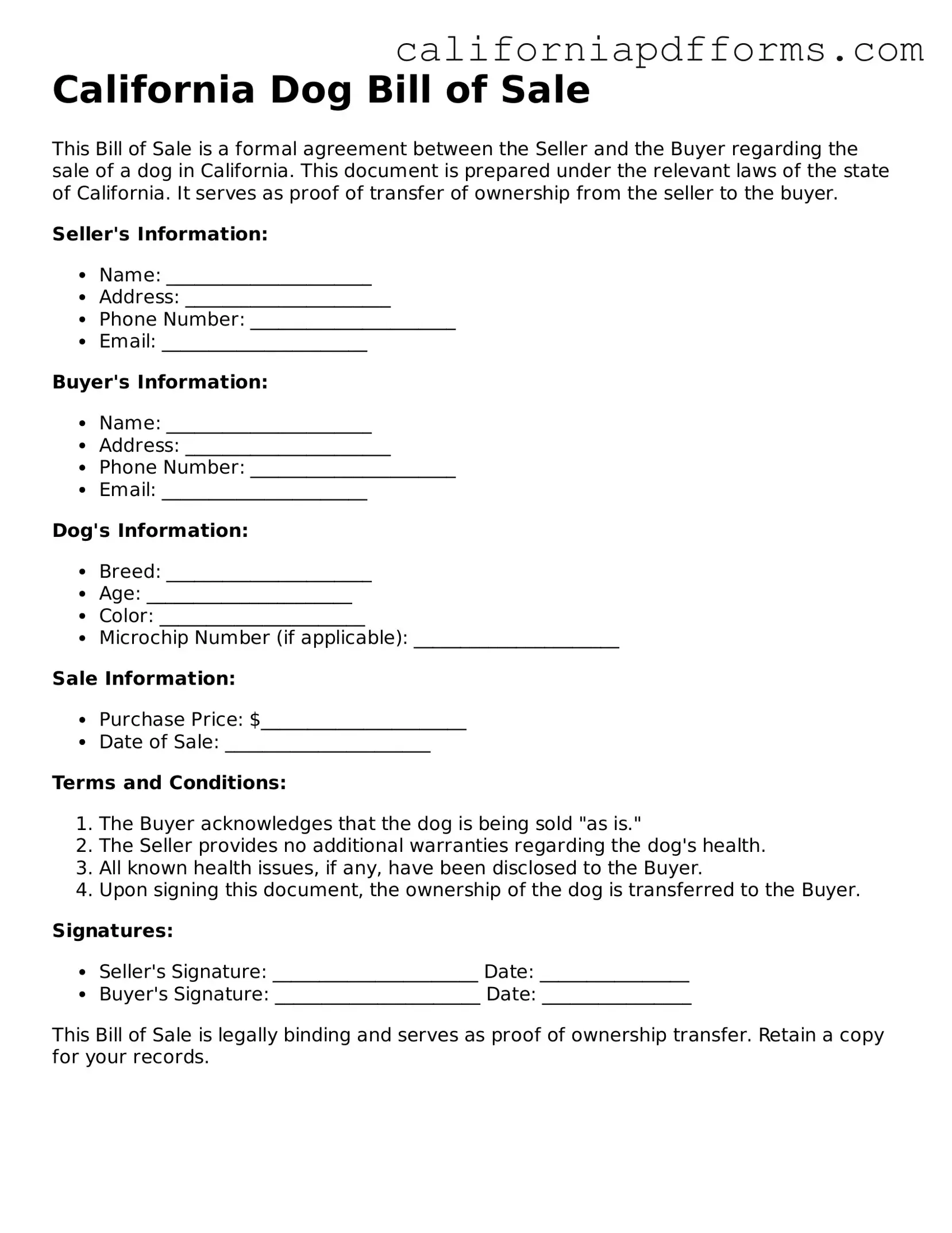 Official Dog Bill of Sale Template for the State of California