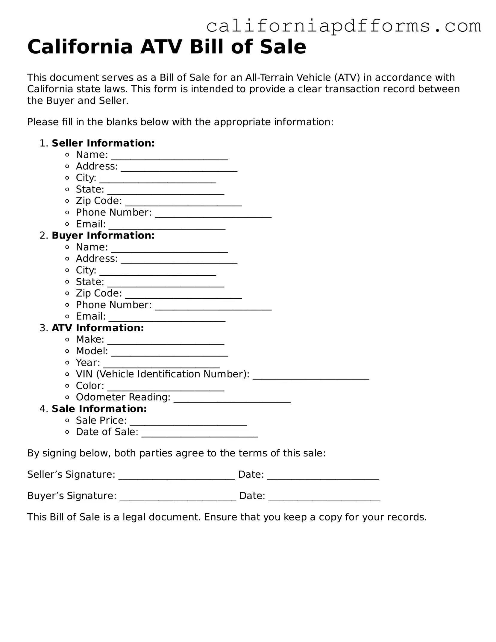 Official ATV Bill of Sale Template for the State of California