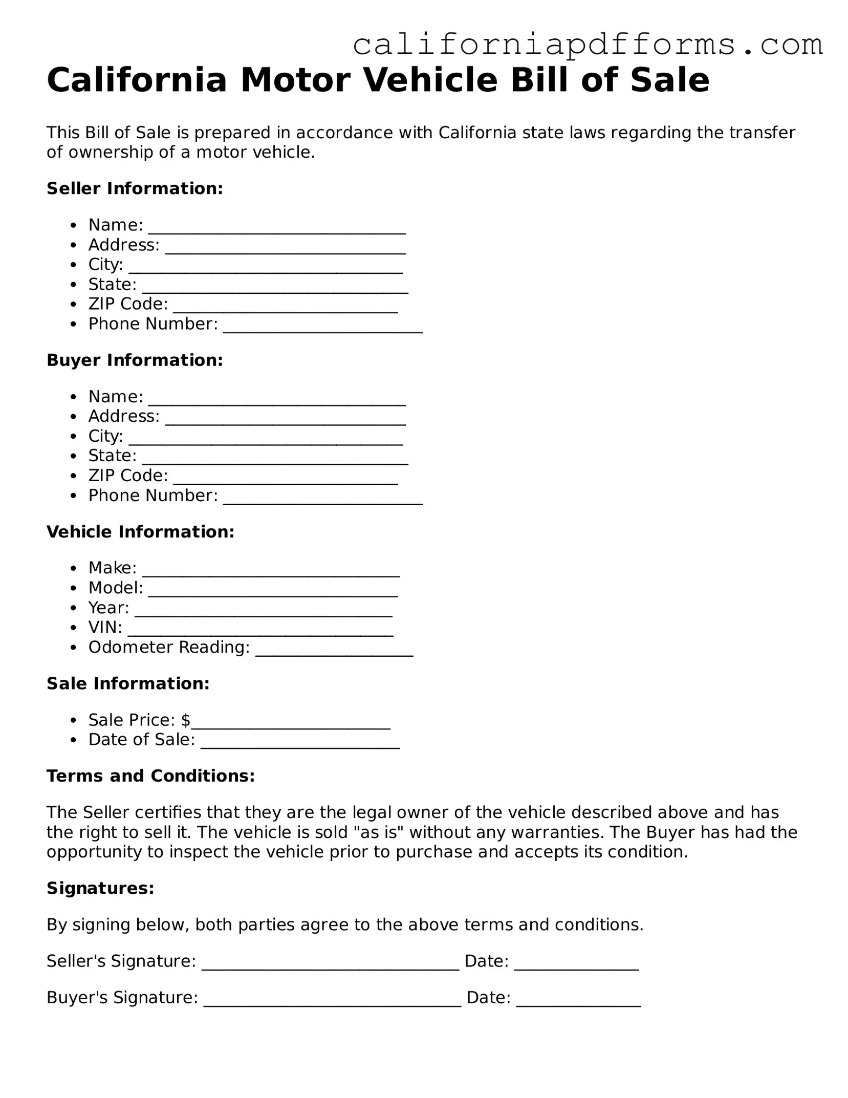 Official Motor Vehicle Bill of Sale Template for the State of California