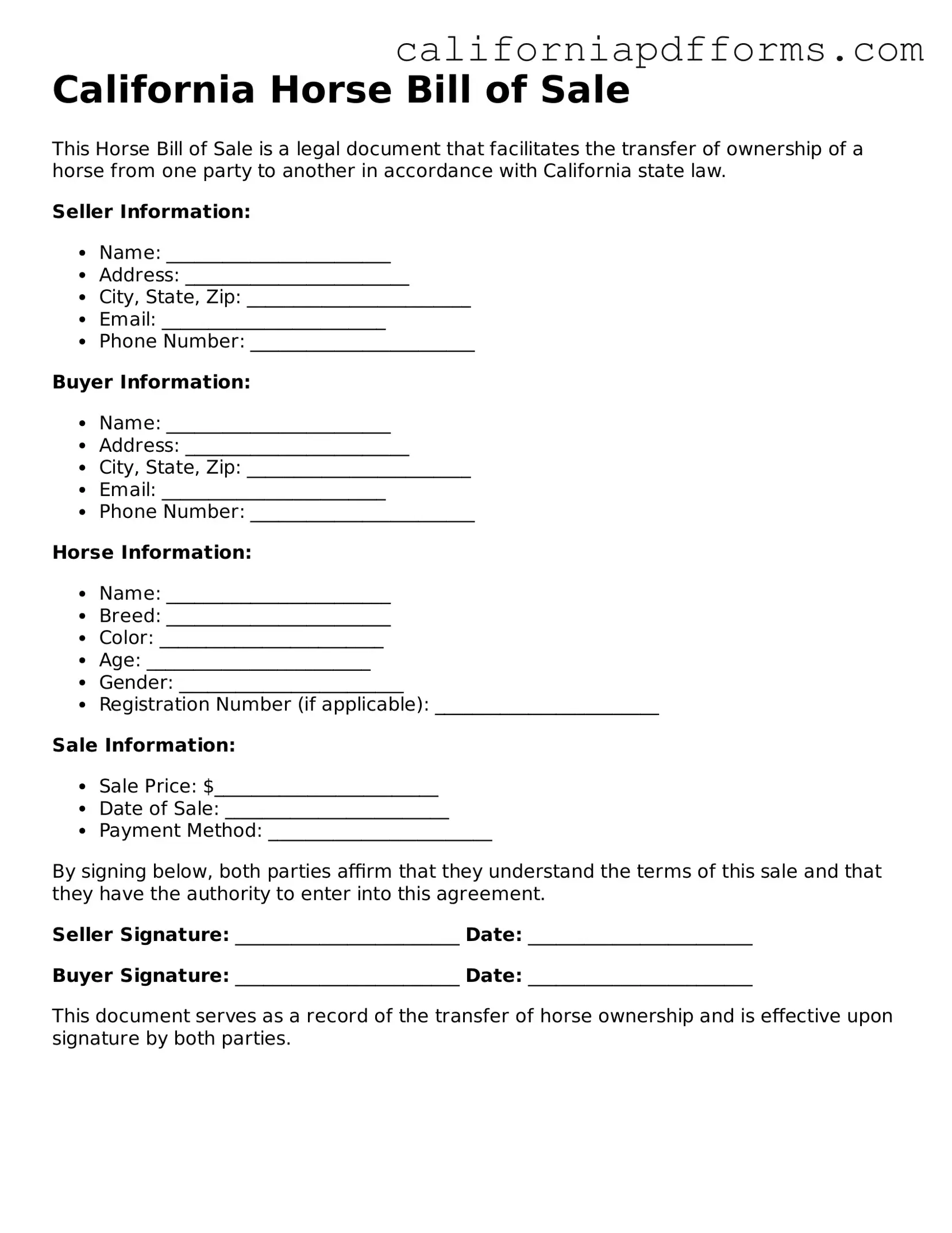 Official Horse Bill of Sale Template for the State of California