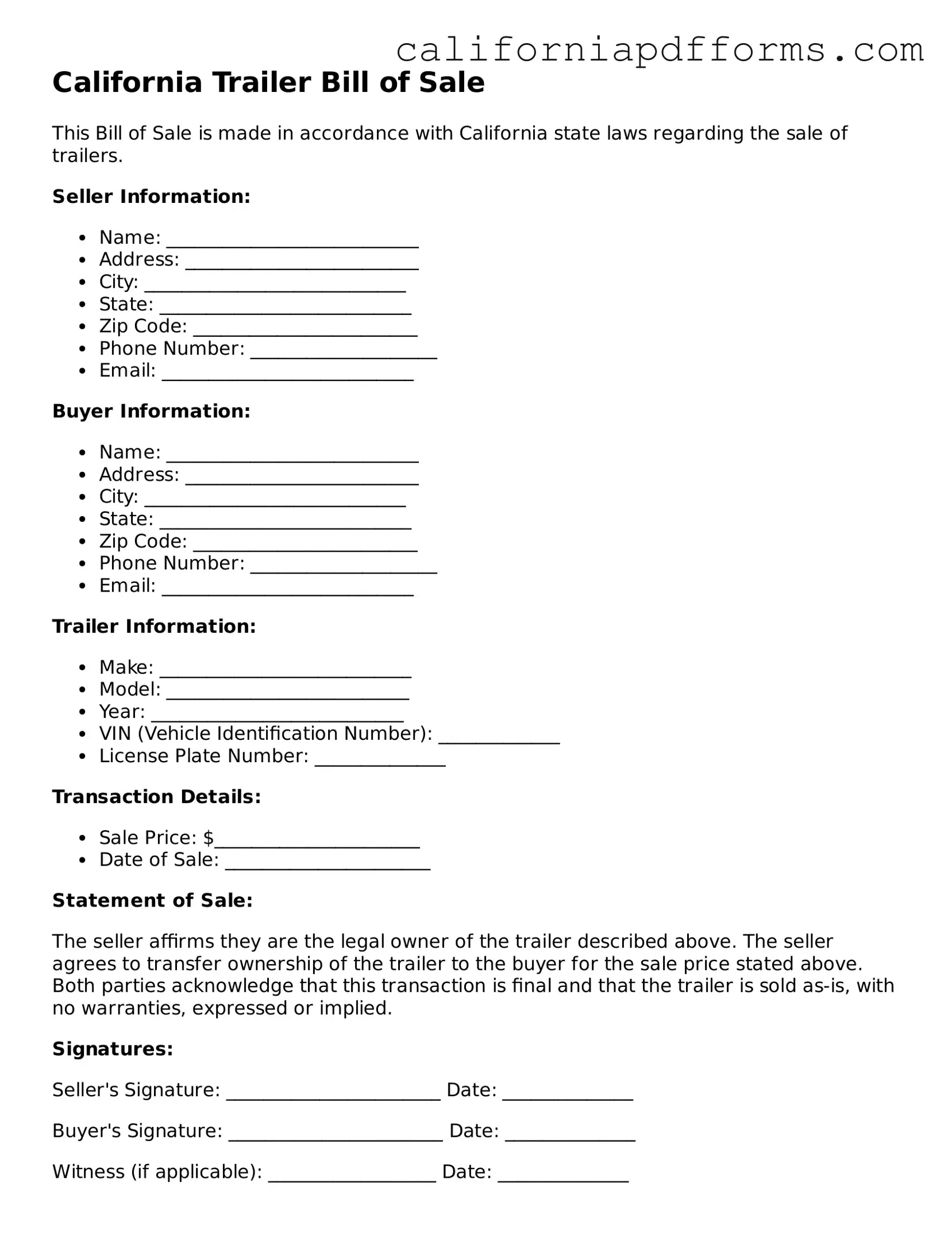 Official Trailer Bill of Sale Template for the State of California
