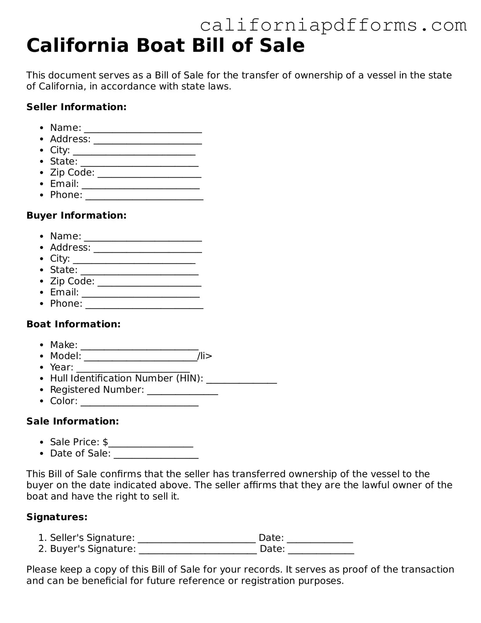 Official Boat Bill of Sale Template for the State of California