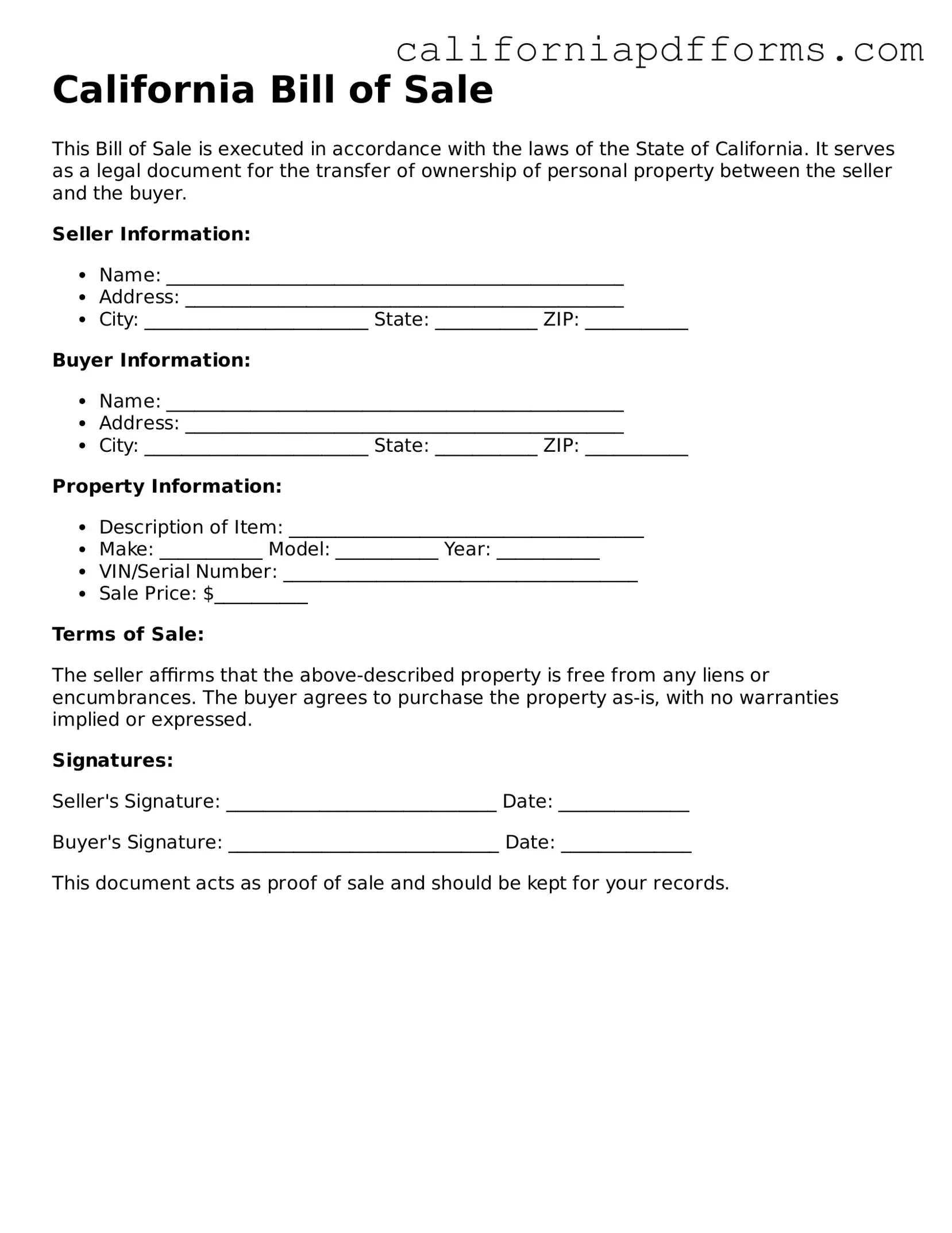 Official Bill of Sale Template for the State of California
