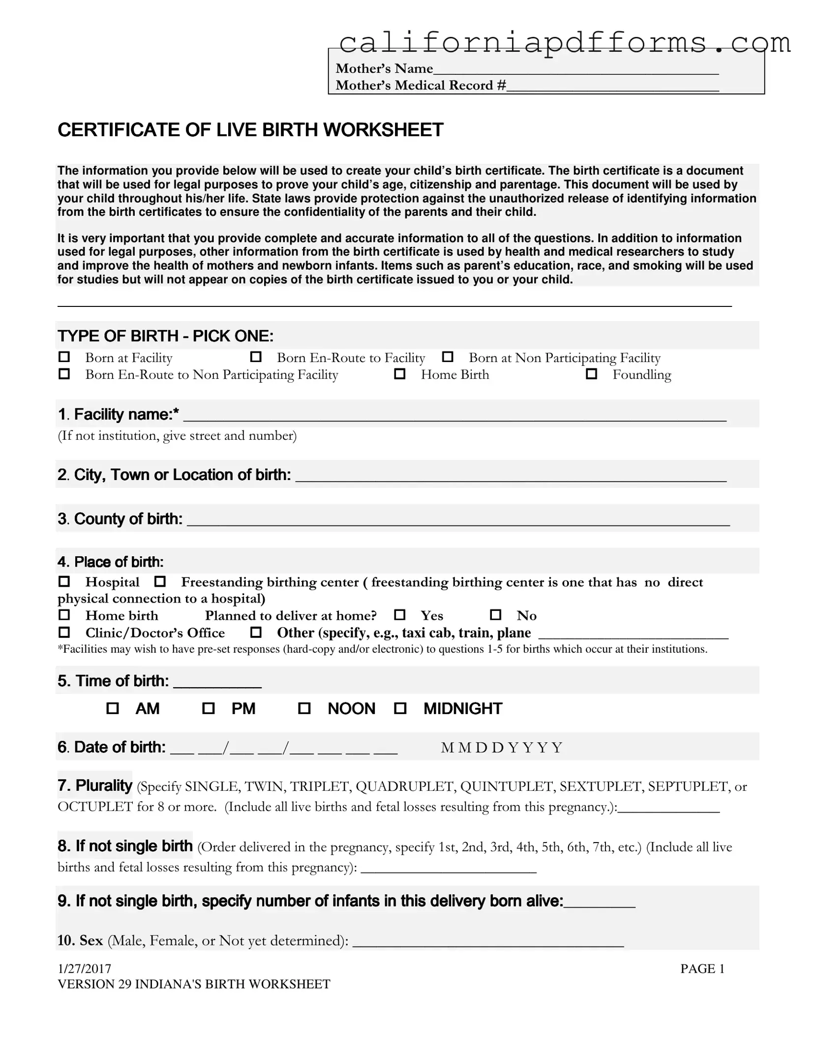 Download California Birth Certificate Editable Free Form