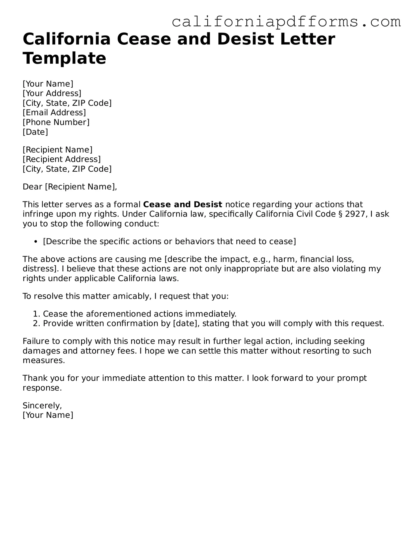 Official Cease and Desist Letter Template for the State of California