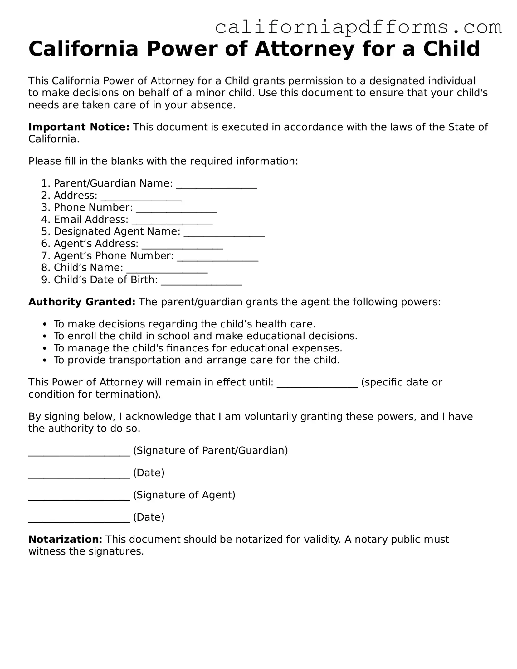Official Power of Attorney for a Child Template for the State of California