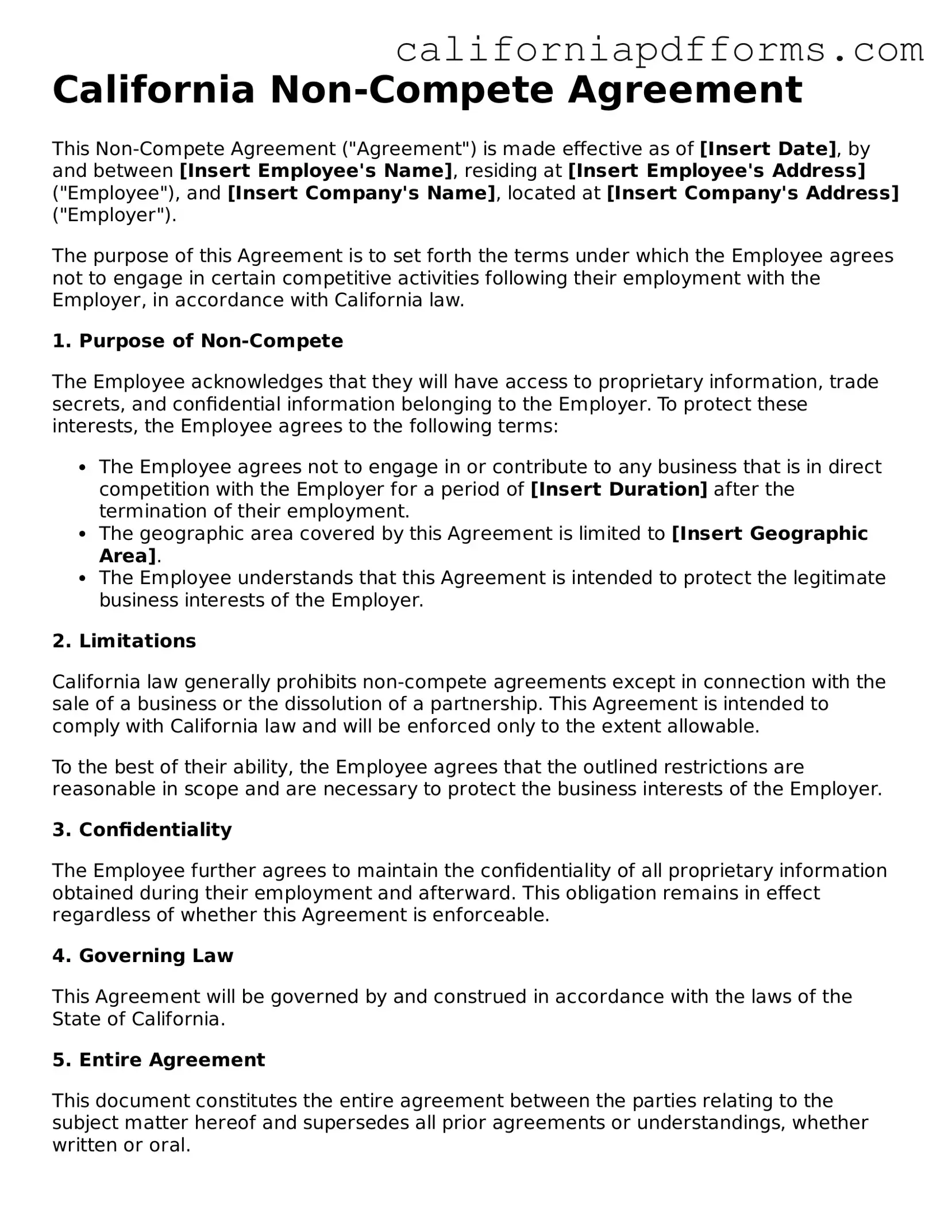 Official Non-compete Agreement Template for the State of California