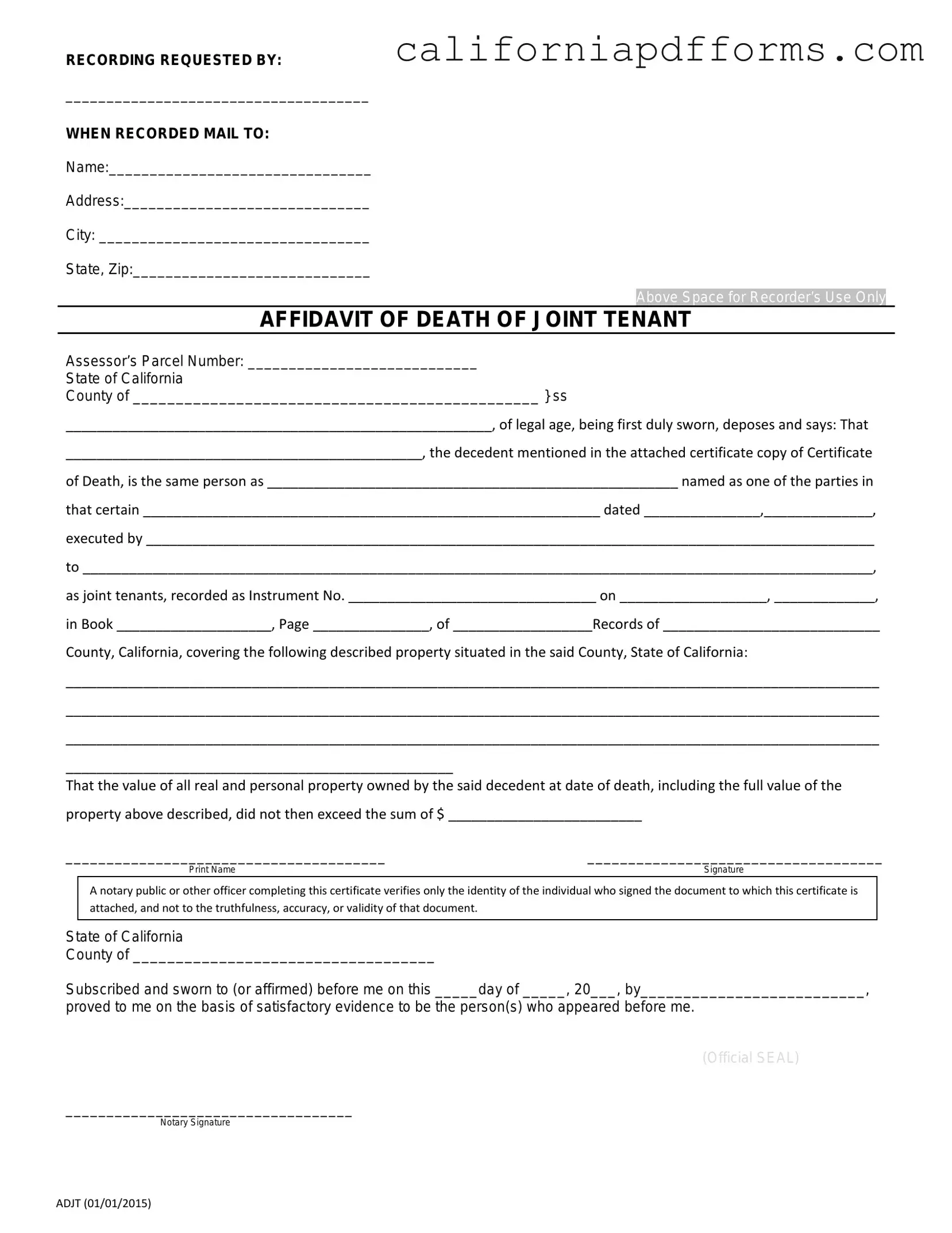 Download California Death of a Joint Tenant Affidavit Form