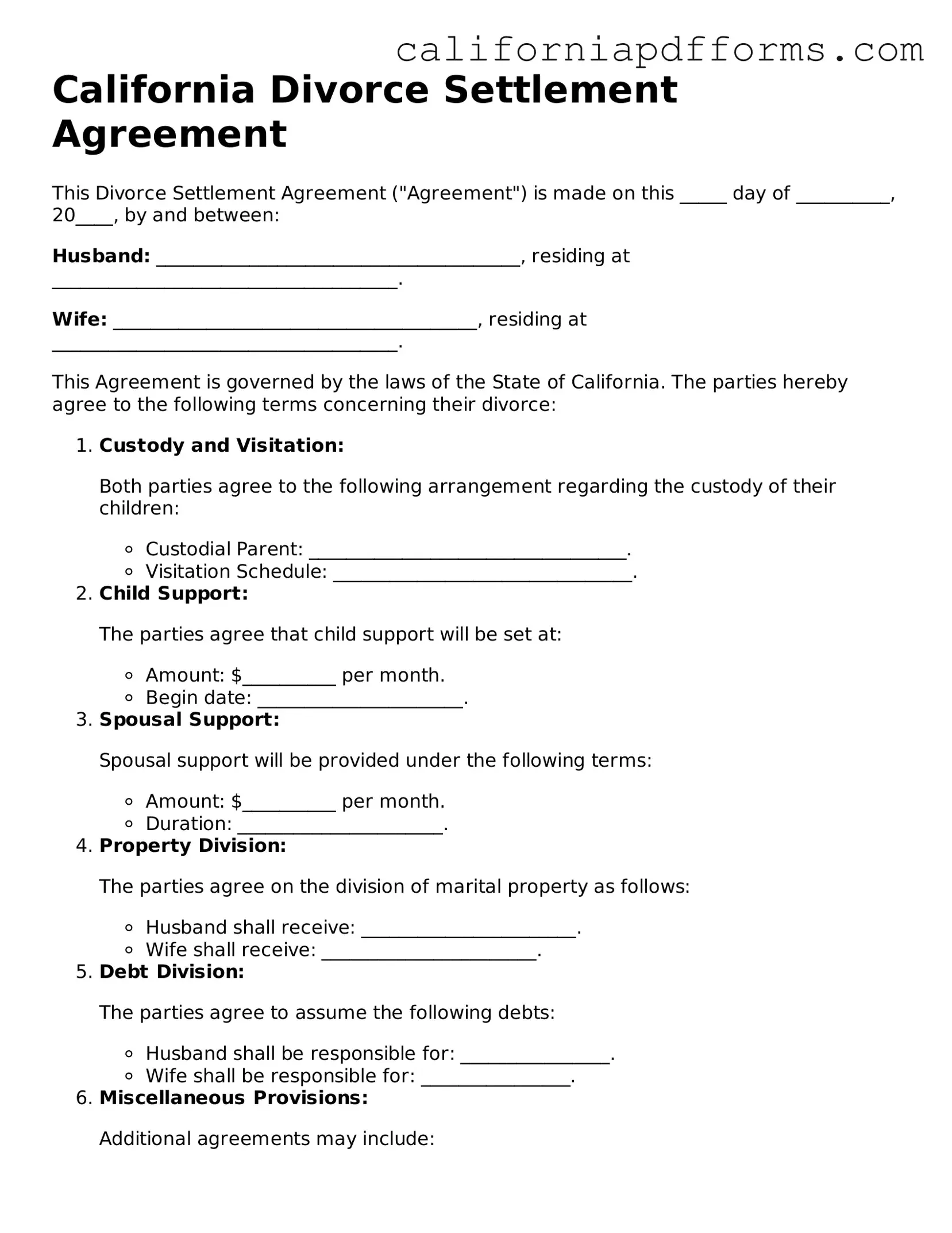 Official Divorce Settlement Agreement Template for the State of California