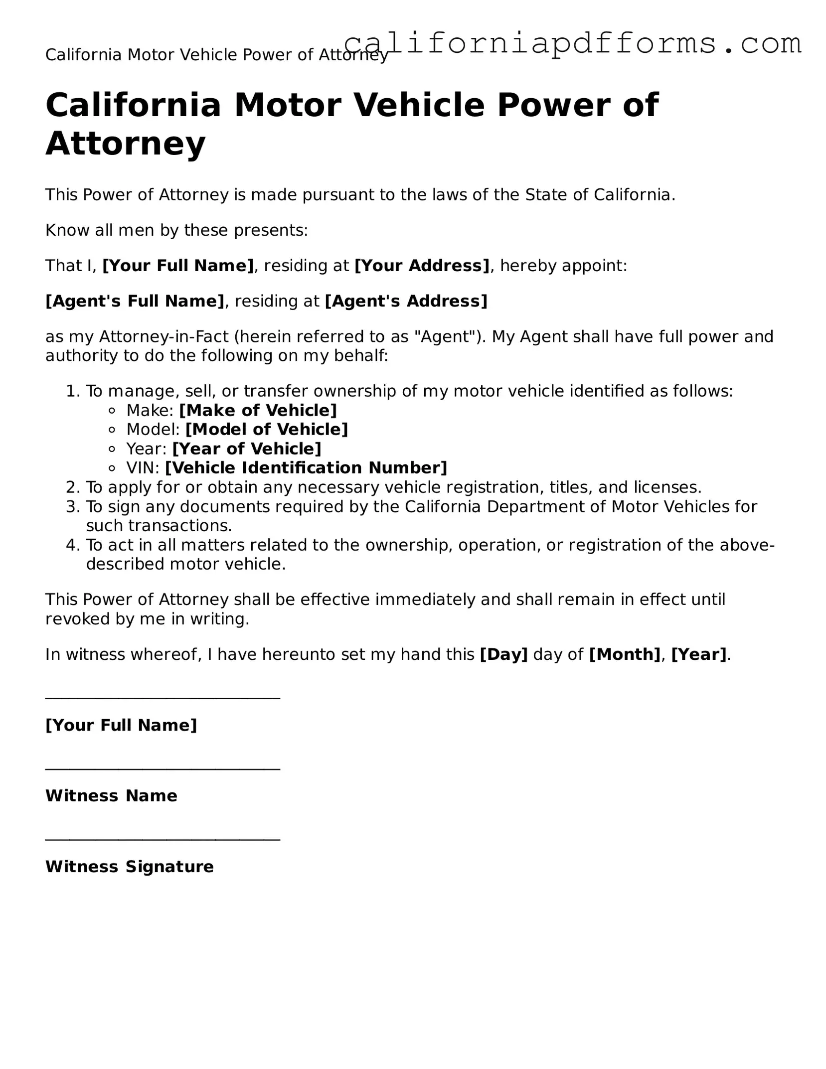 Official Motor Vehicle Power of Attorney Template for the State of California