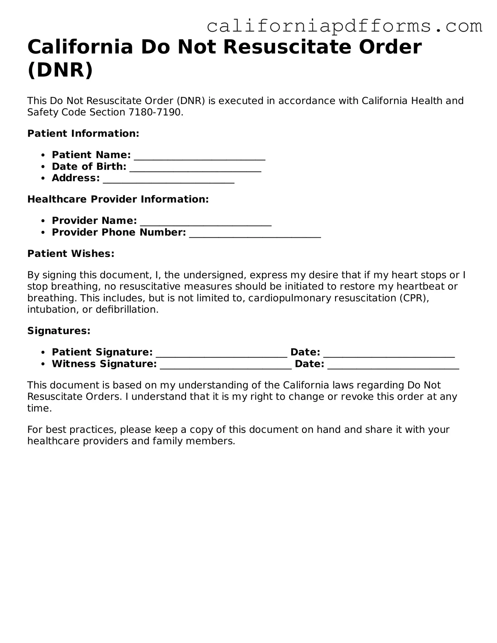 Official Do Not Resuscitate Order Template for the State of California