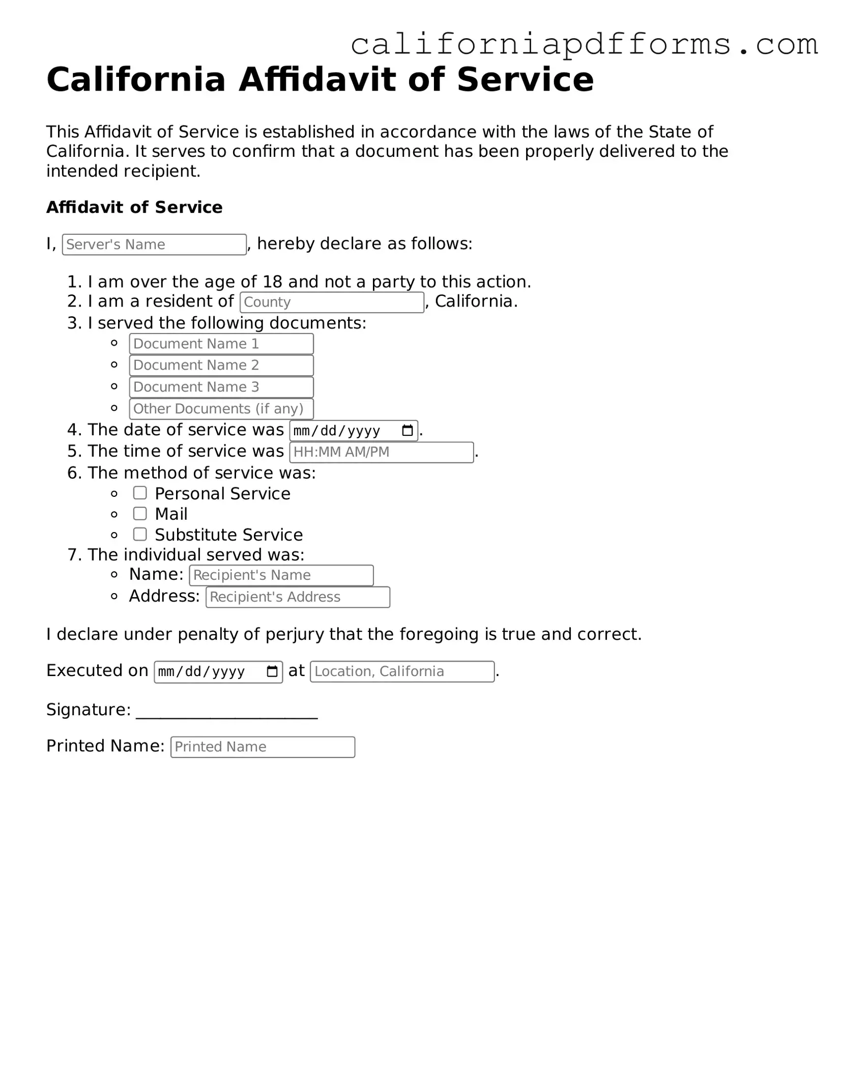 Official Affidavit of Service Template for the State of California