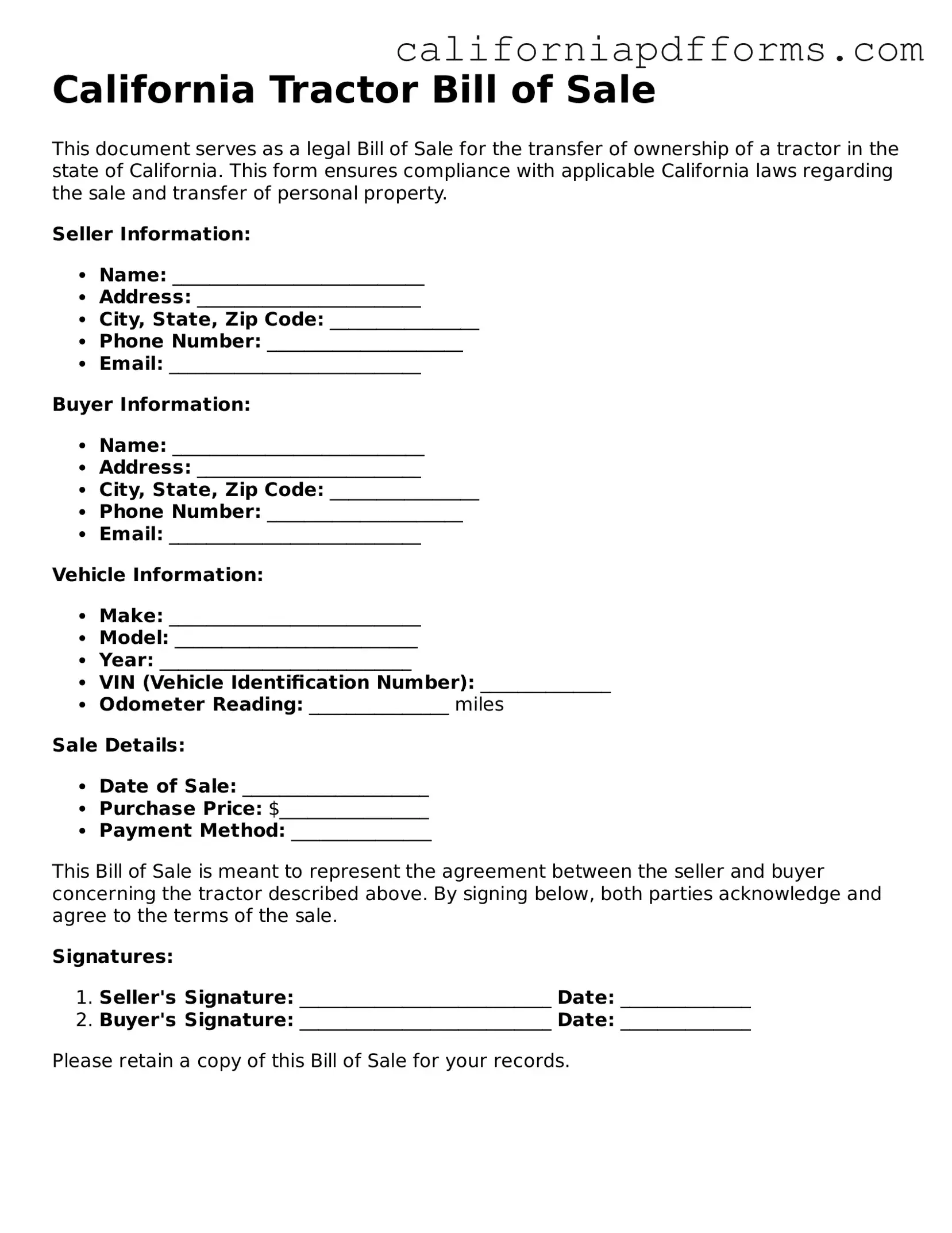 Official Tractor Bill of Sale Template for the State of California