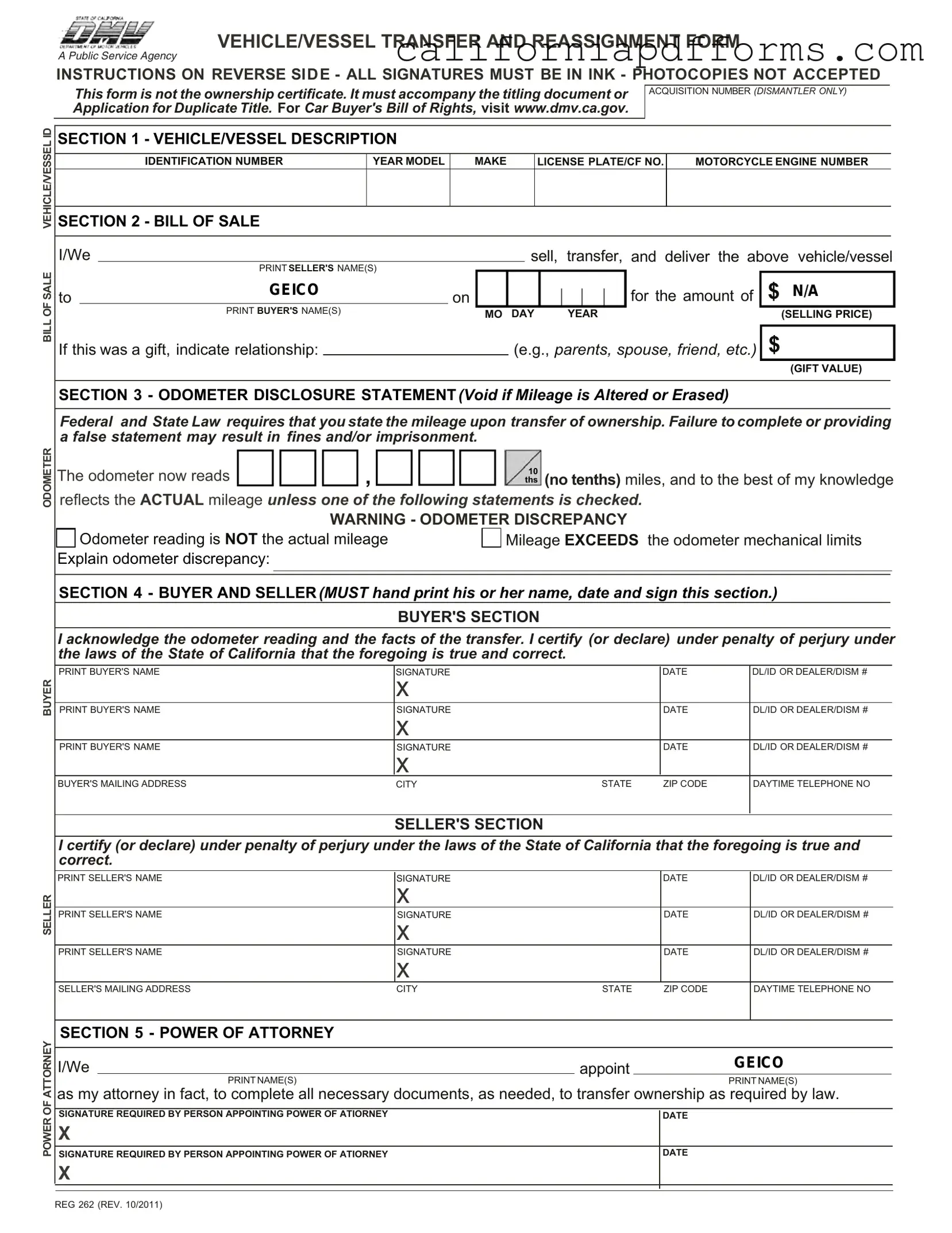 Download California Fotm Reg 262 Form