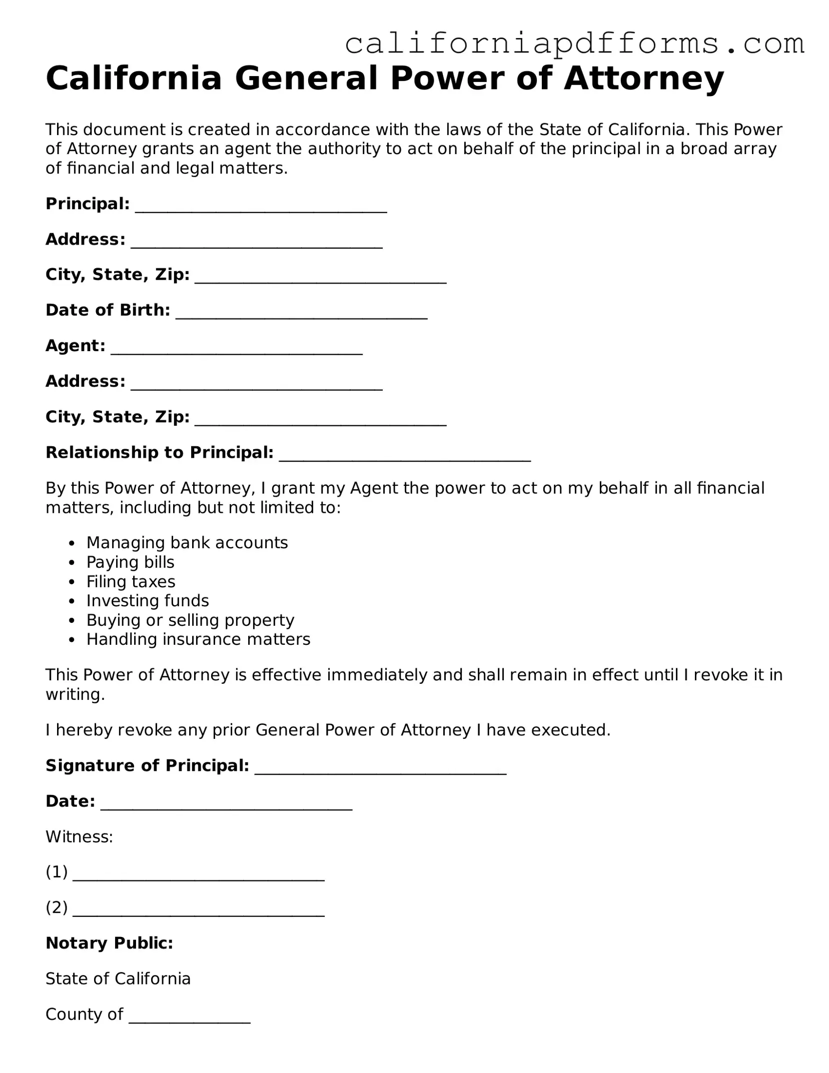 Official General Power of Attorney Template for the State of California