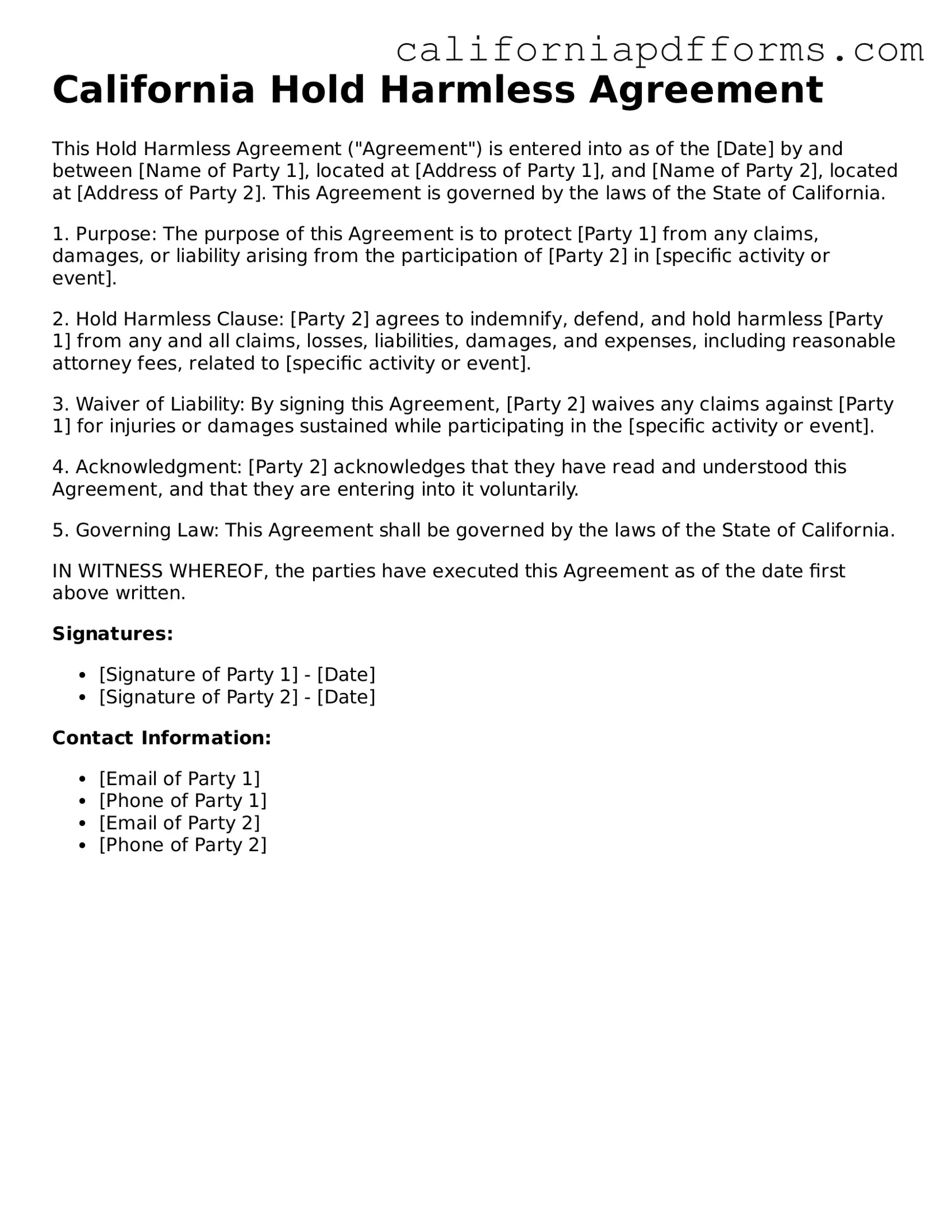 Official Hold Harmless Agreement Template for the State of California