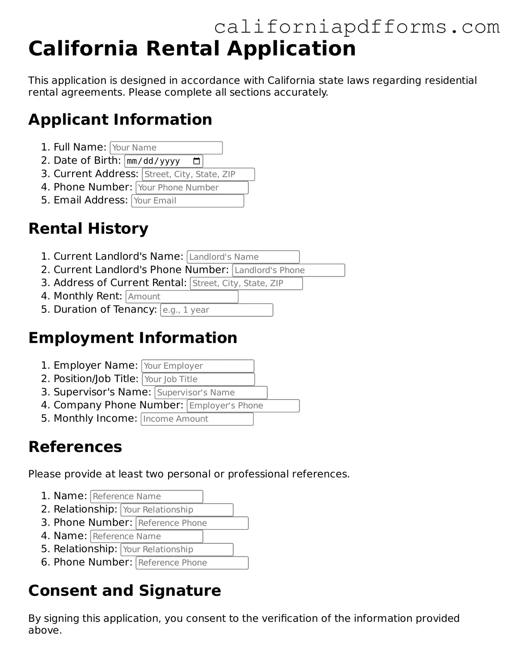 Official Rental Application Template for the State of California