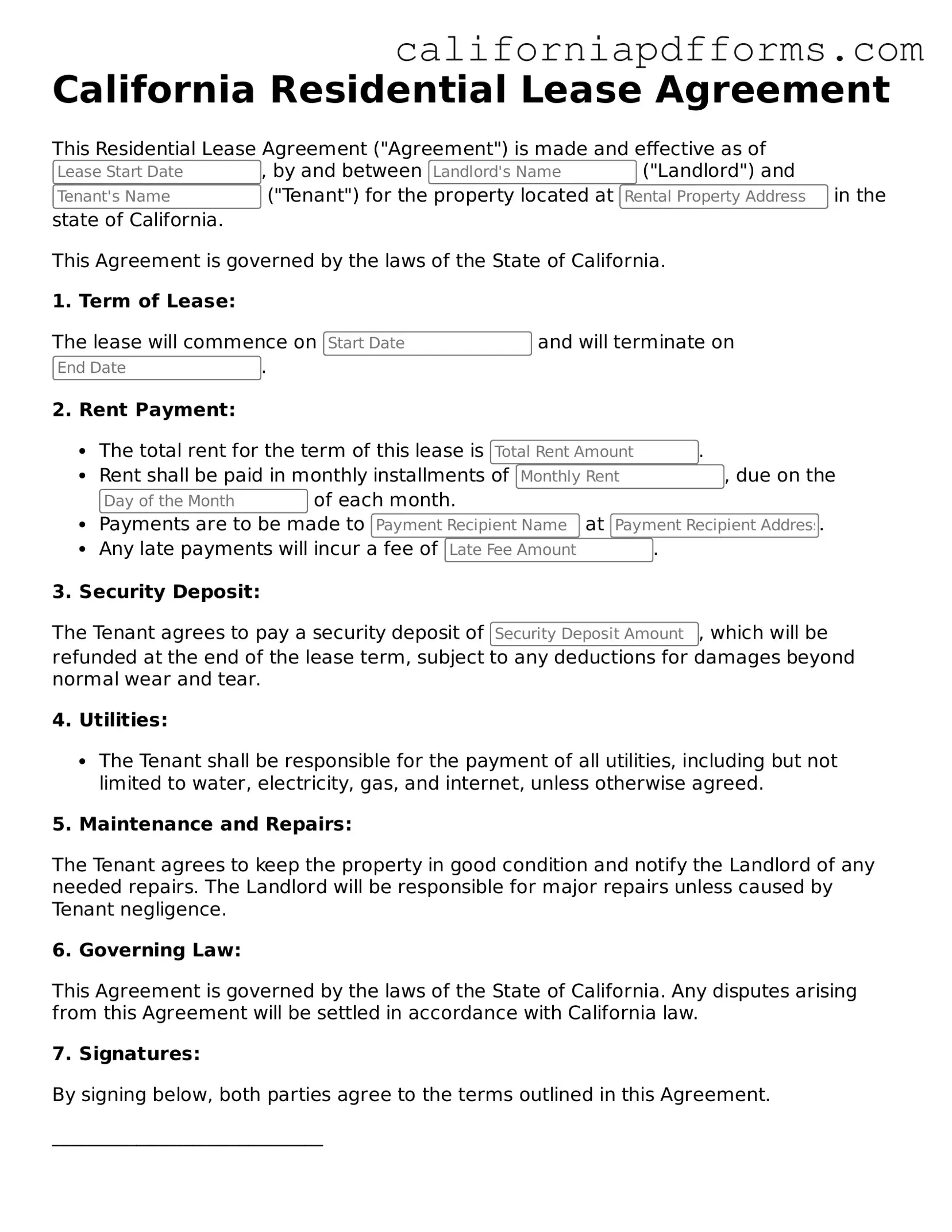Official Residential Lease Agreement Template for the State of California