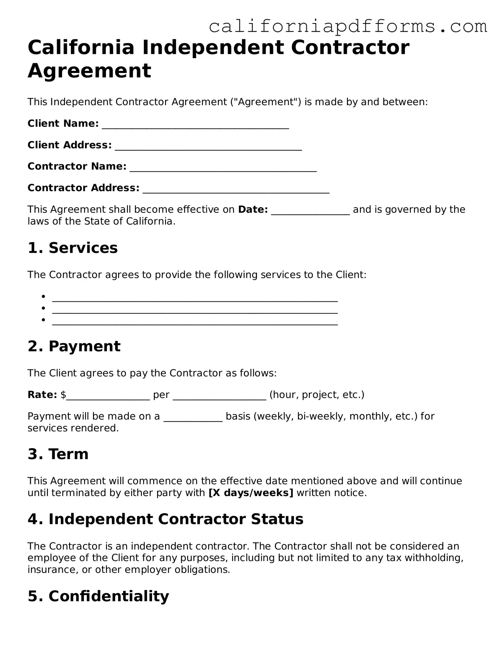 Official Independent Contractor Agreement Template for the State of California