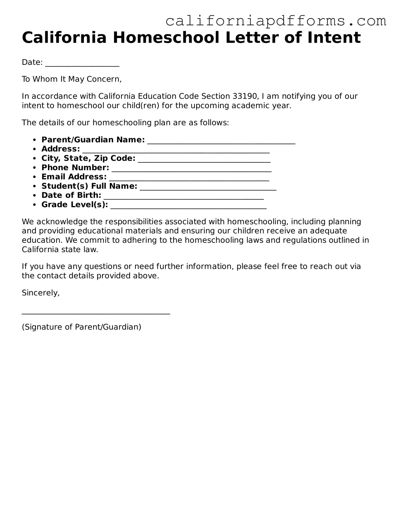 Official Homeschool Letter of Intent Template for the State of California