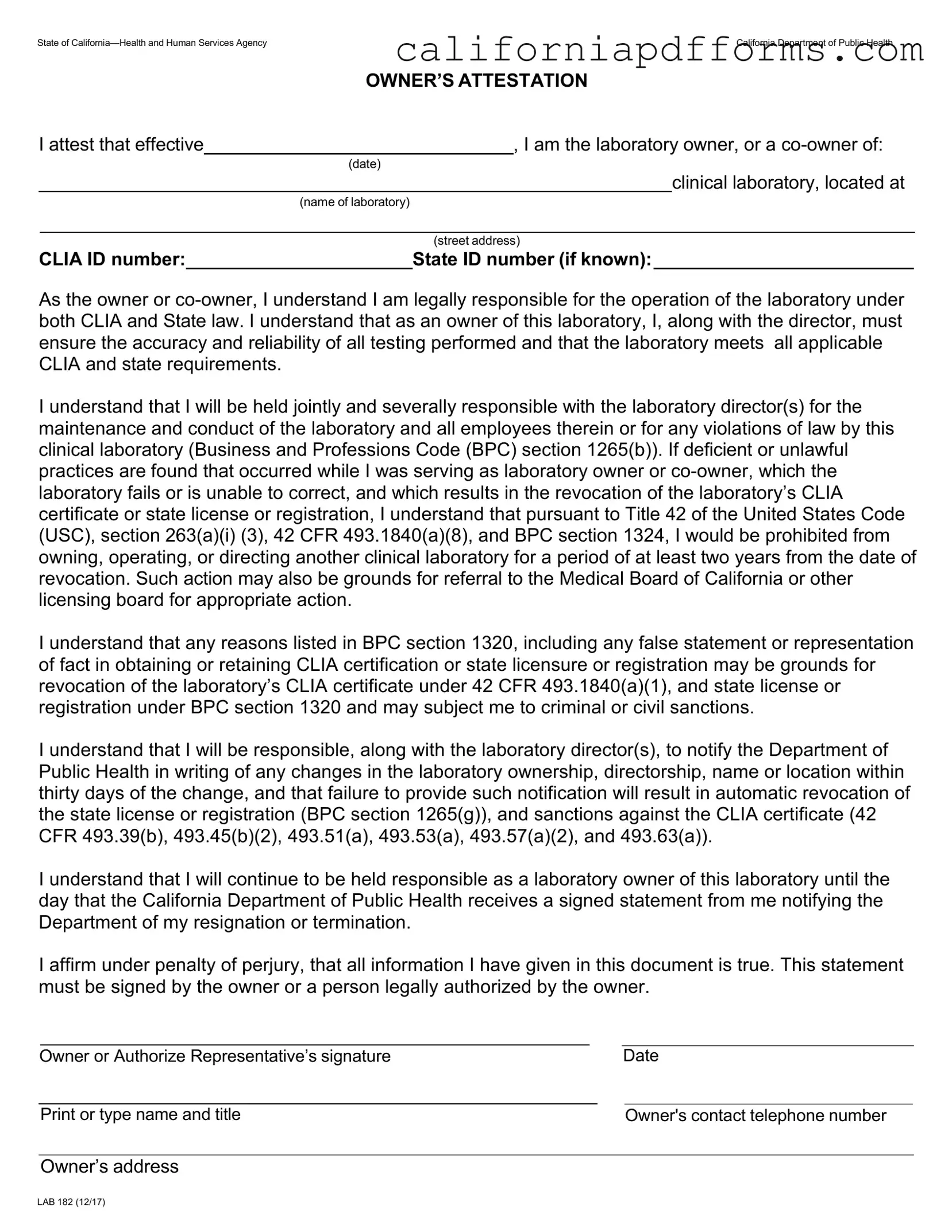Download California Lab 182 Form