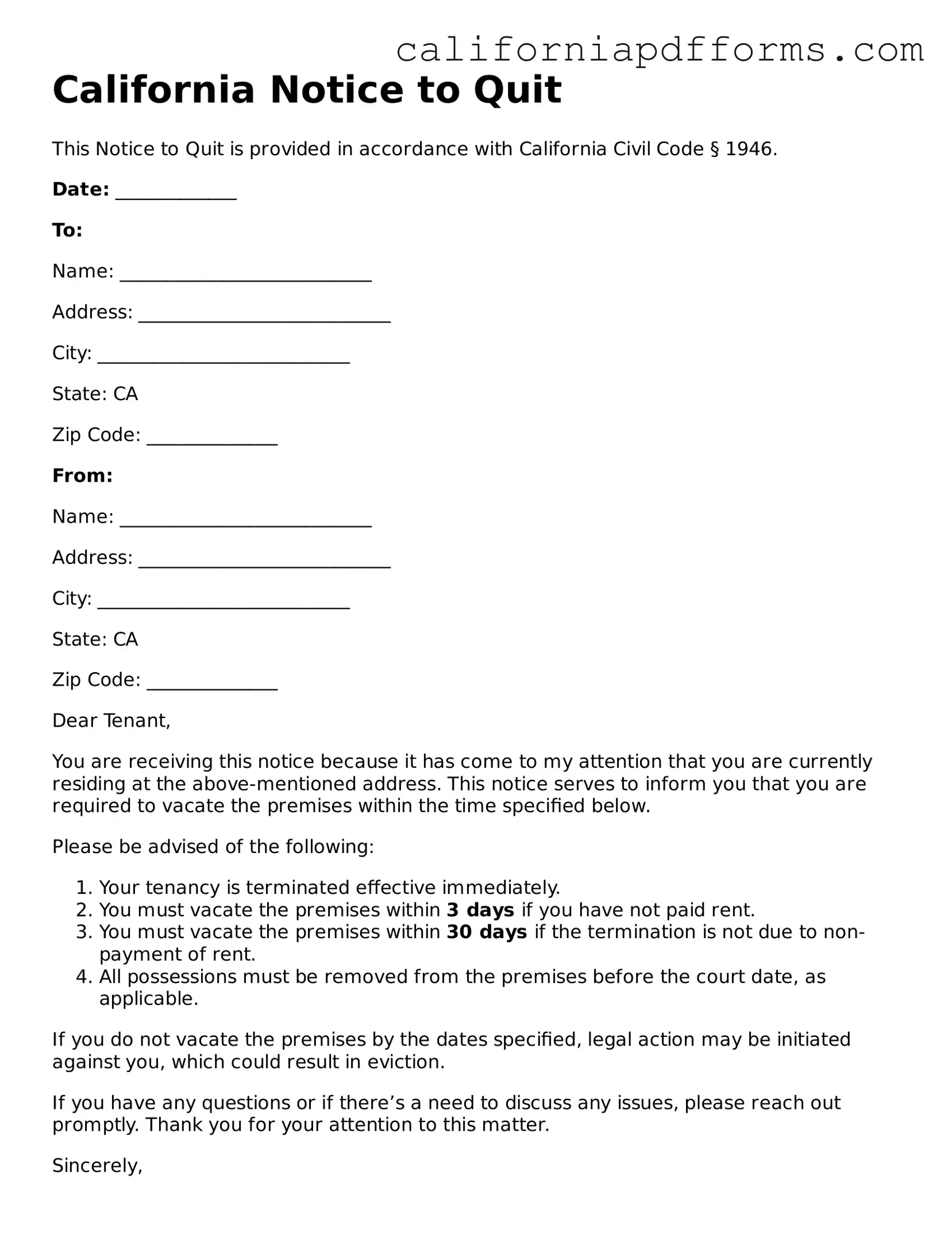 Official Notice to Quit Template for the State of California