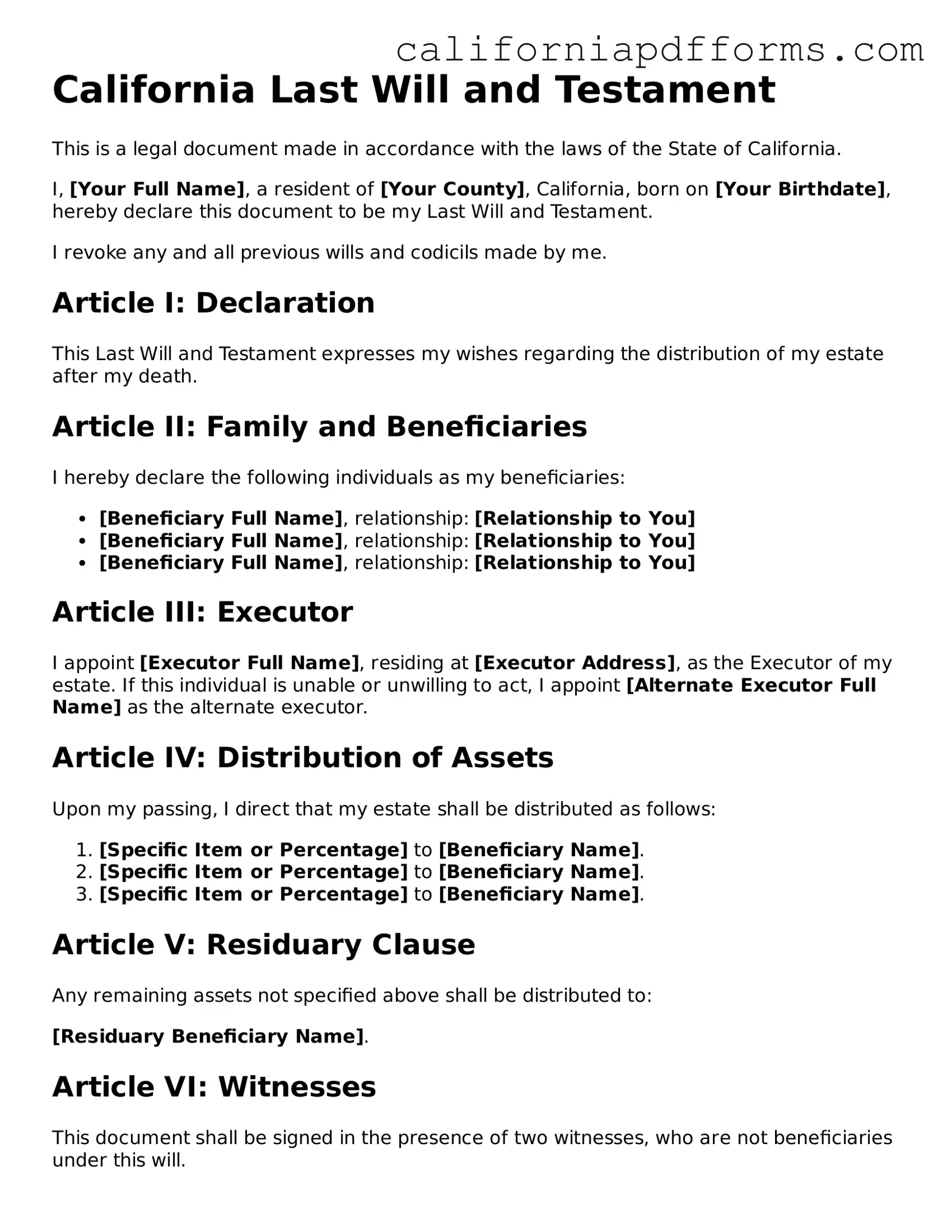 Official Last Will and Testament Template for the State of California