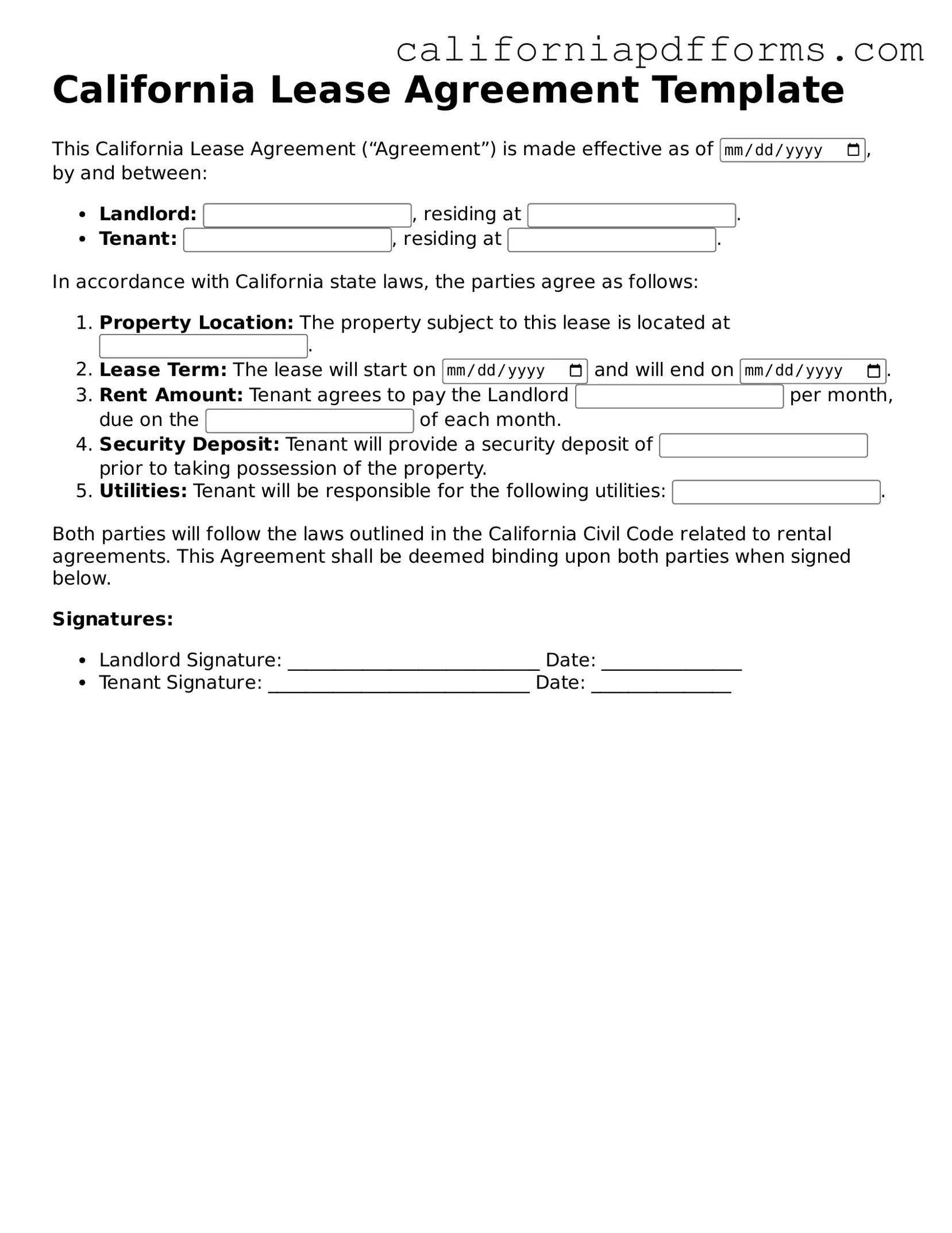 Official Lease Agreement Template for the State of California