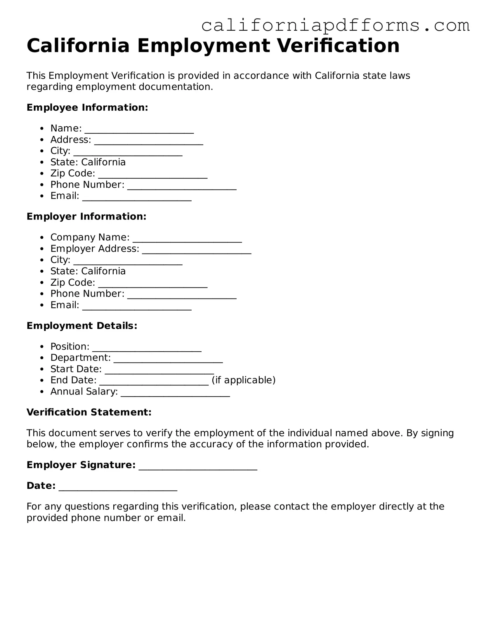Official Employment Verification Template for the State of California