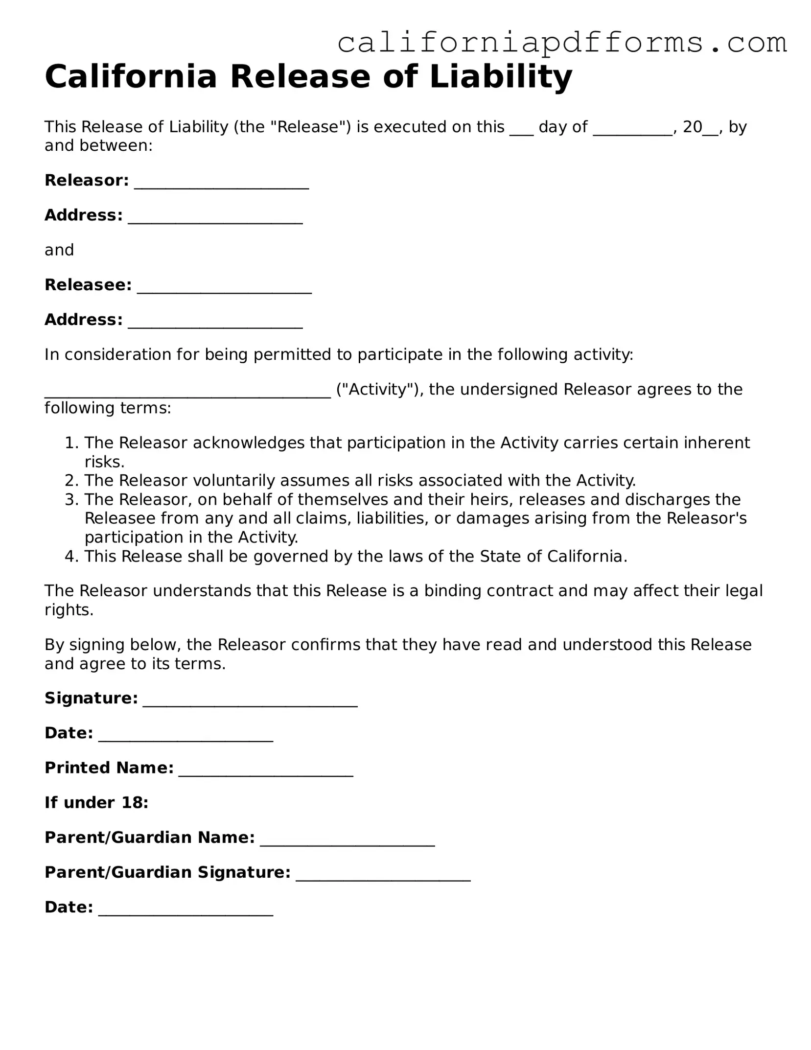 Official Release of Liability Template for the State of California