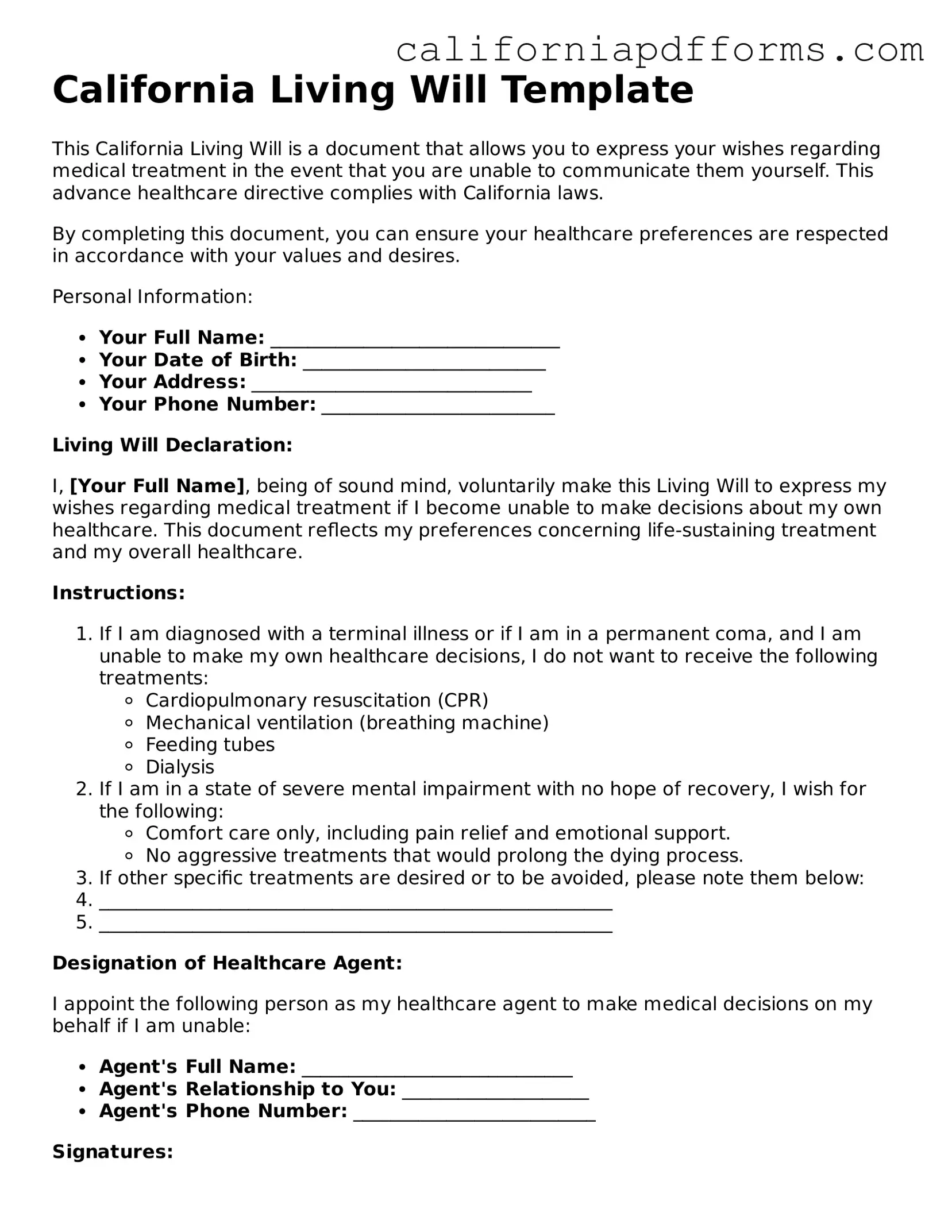 Official Living Will Template for the State of California