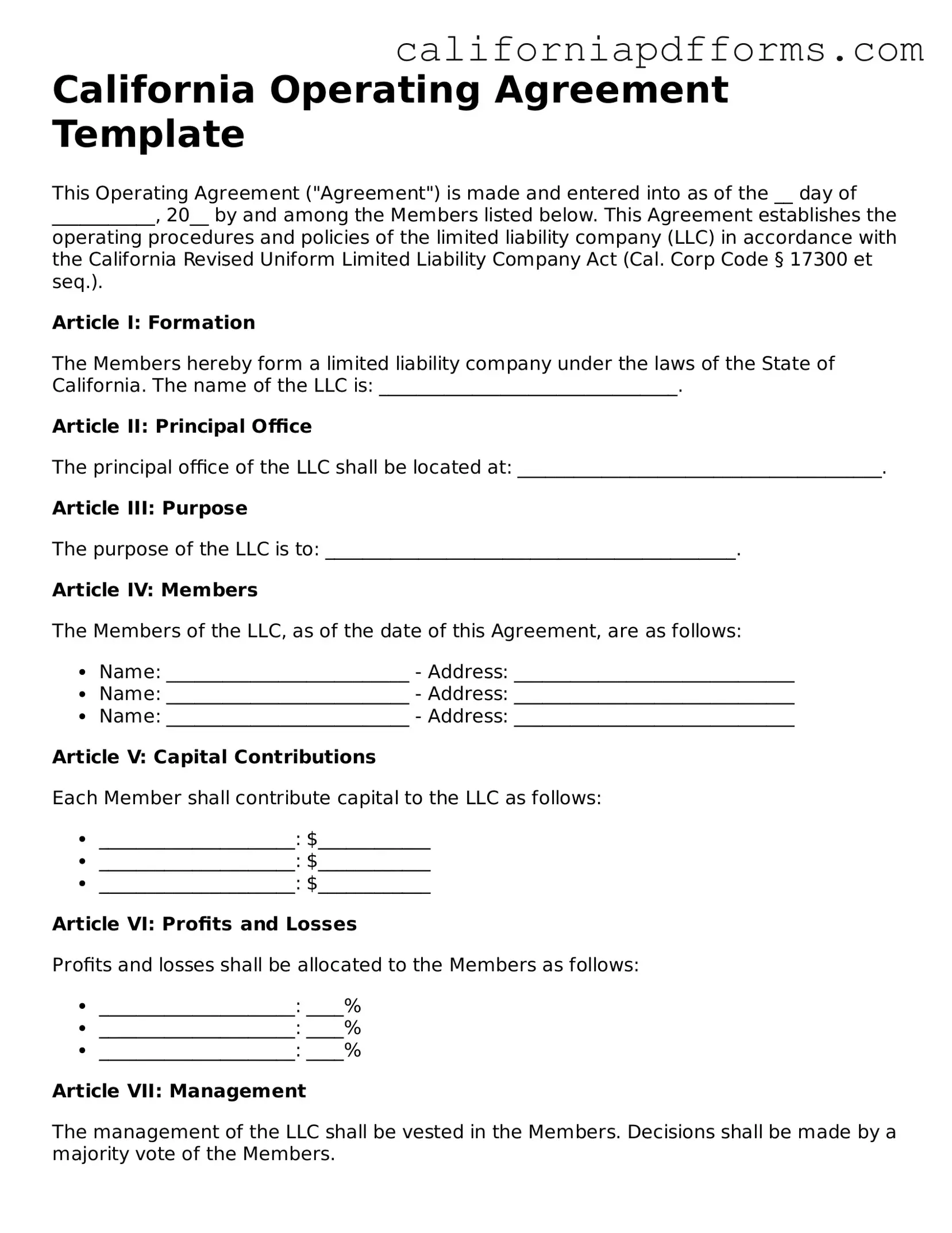 Official Operating Agreement Template for the State of California