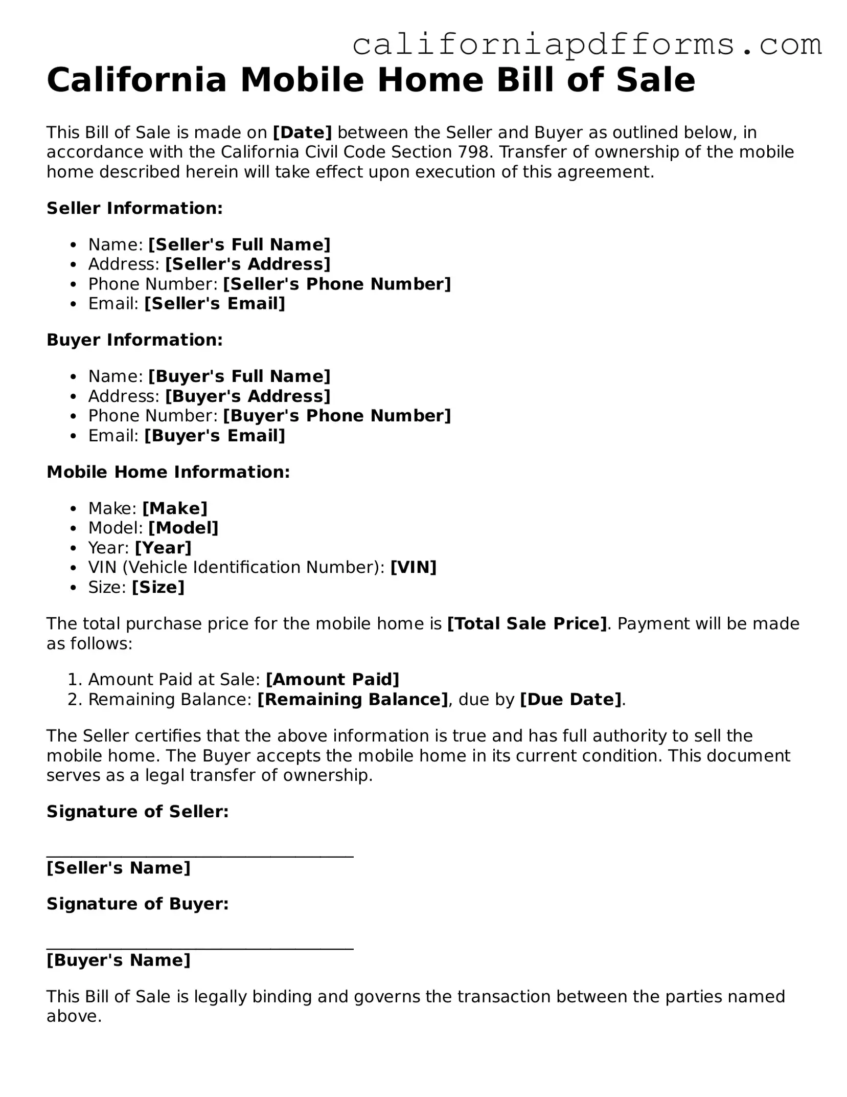 Official Mobile Home Bill of Sale Template for the State of California