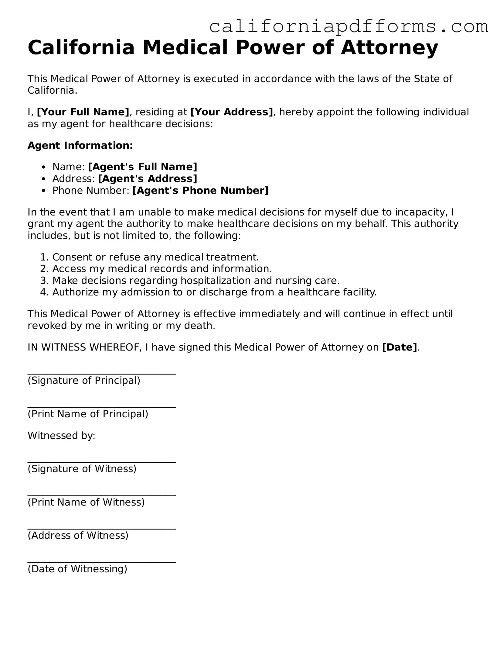 Official Medical Power of Attorney Template for the State of California