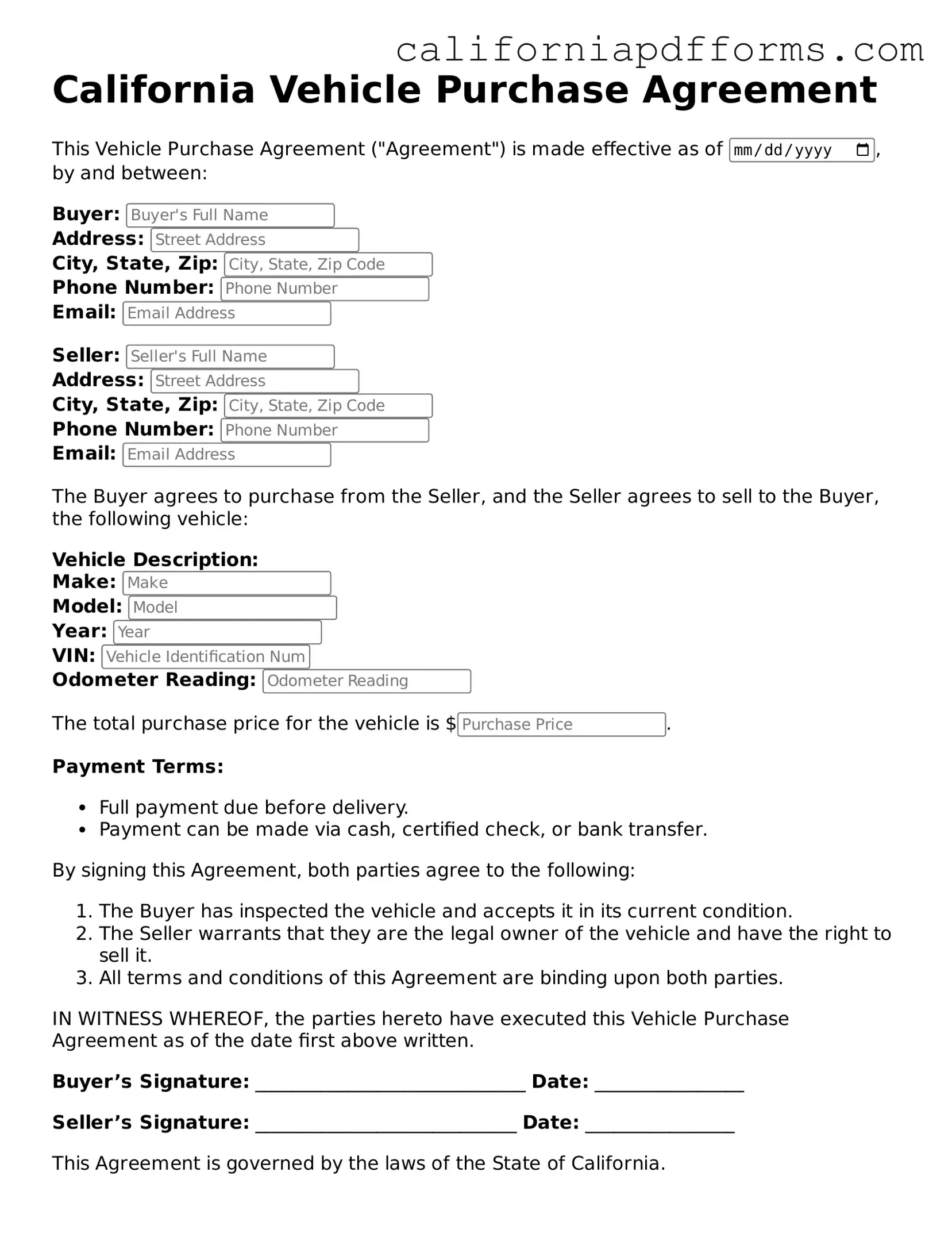 Official Vehicle Purchase Agreement Template for the State of California