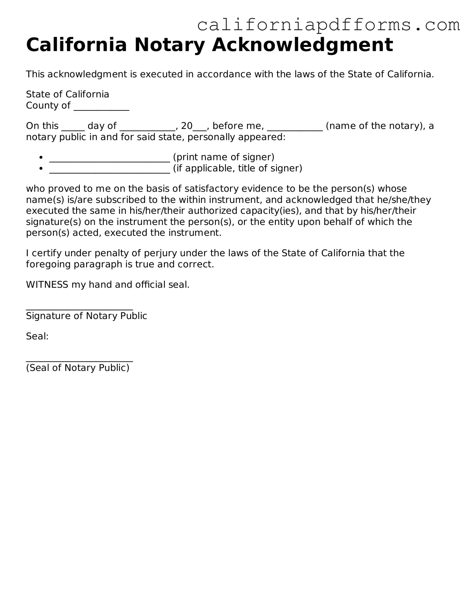 Official Notary Acknowledgement Template for the State of California