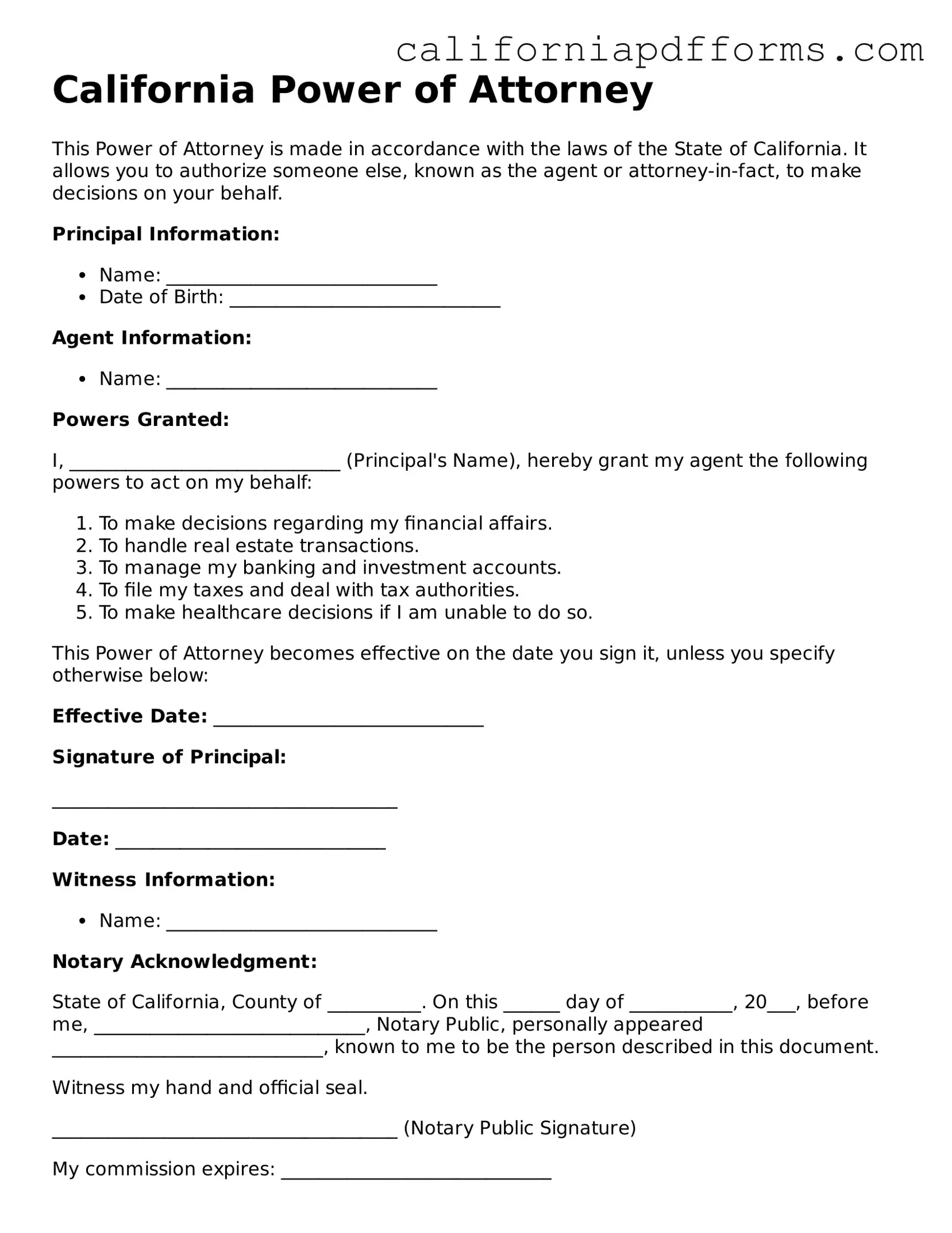 Official Power of Attorney Template for the State of California